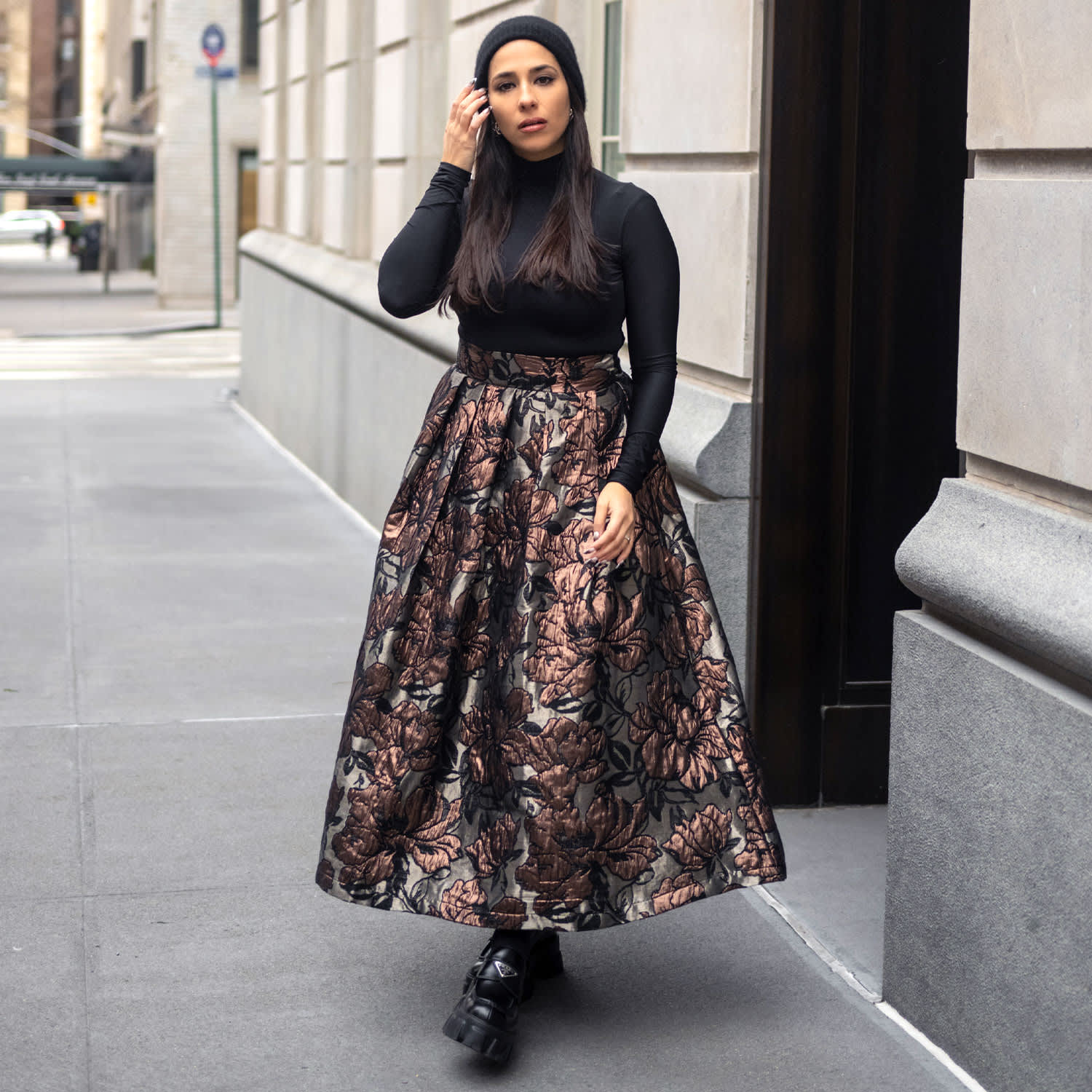 【NONCODE】Rosen Flare Tiered Skirt Floral Brocade Midi Skirt In Bronze & Black | L2R THE LABEL