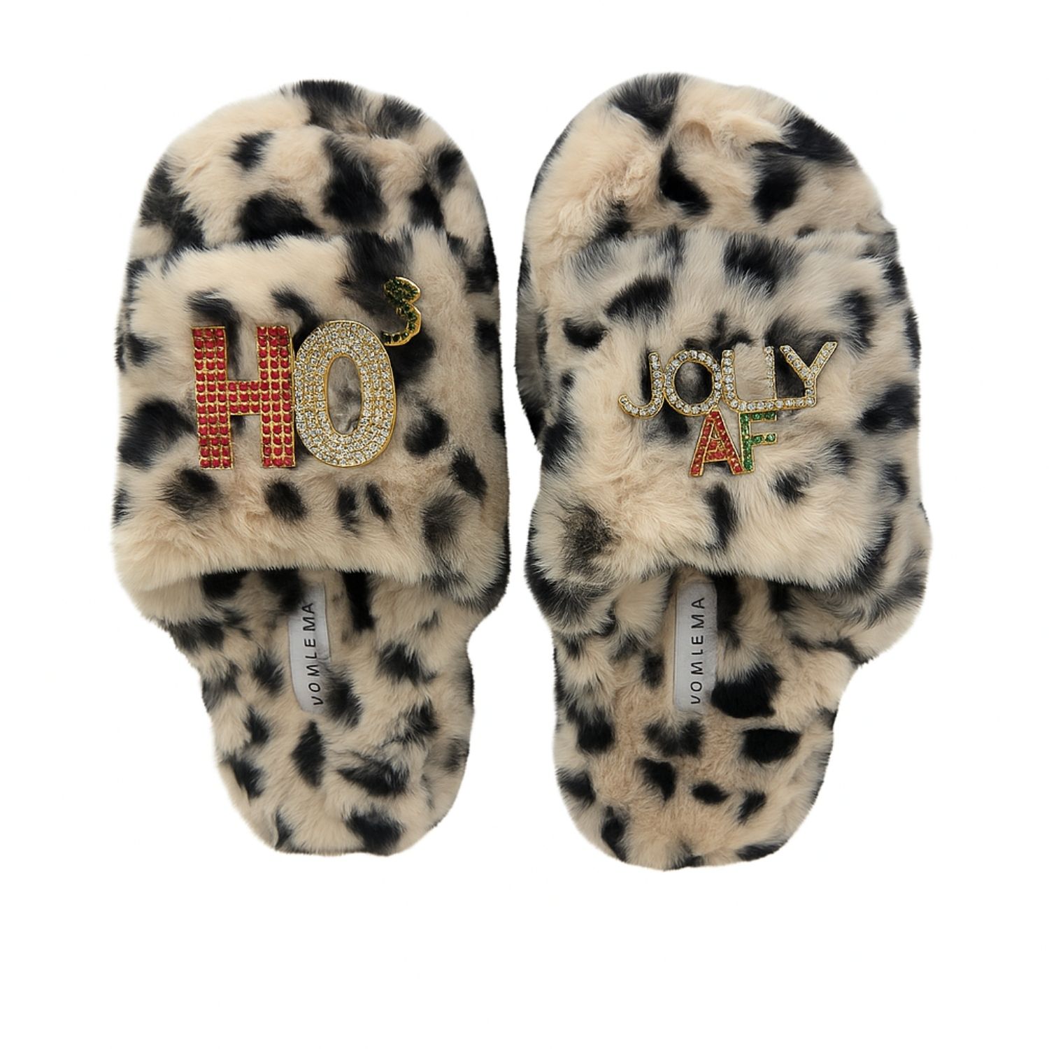 Yomisma Women's Black / Neutrals Eco Faux Fur Cheetah Slippers – Jolly Af + Ho³ Rhinestone Brooches In Multi