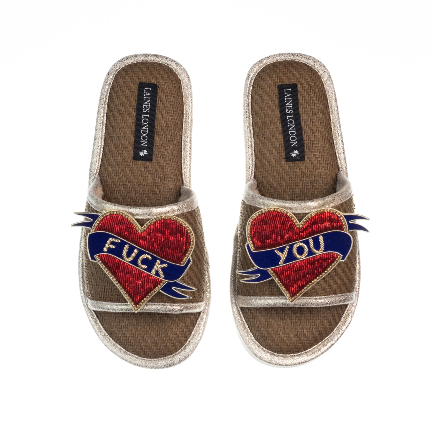Laines London Women's Brown Straw Braided Sandals With Fuck You Brooches - Caramel In Brown