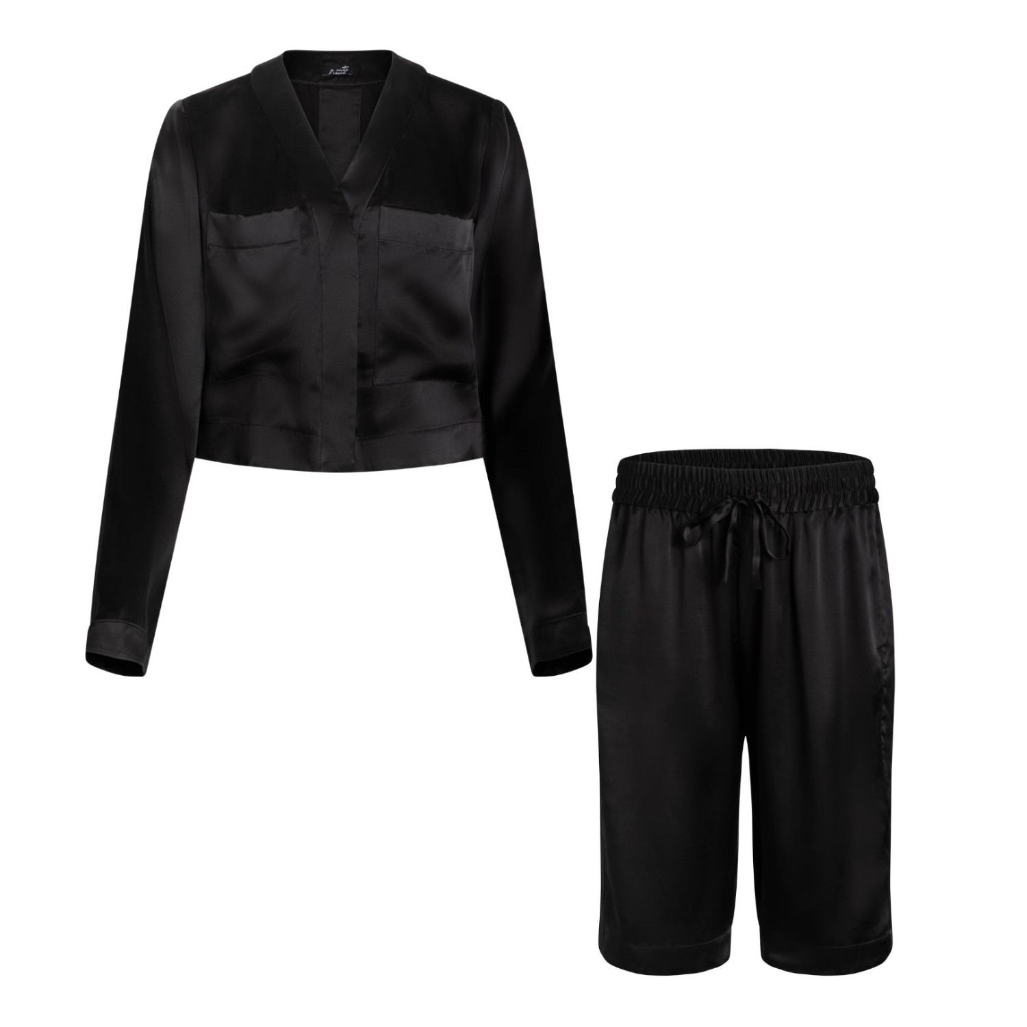 Je Mérite (i Deserve) Women's Lola Silk Cropped Sleep Shirt & Tuxedo Short Set In Black In Black