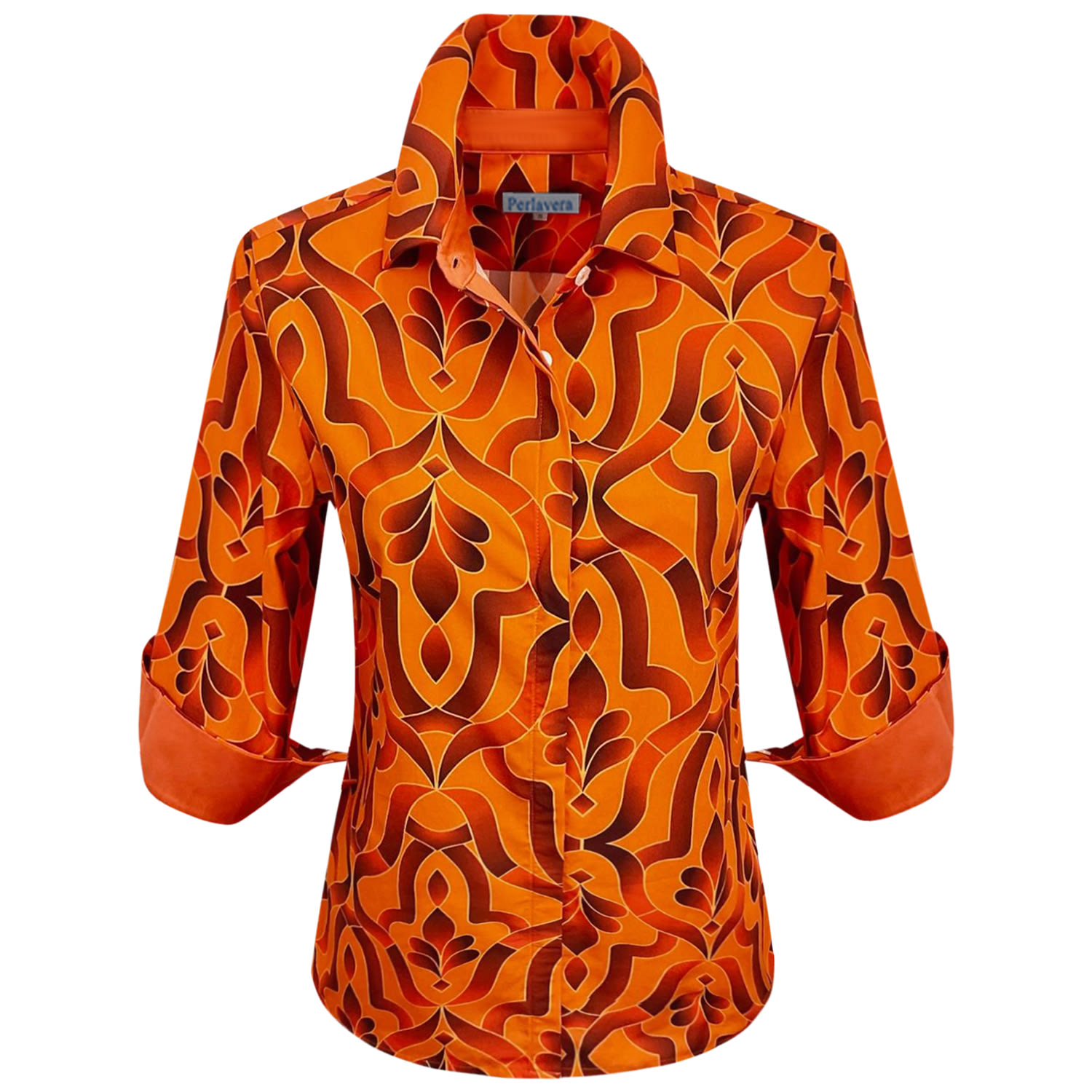 Perlavera Women's Yellow / Orange Cindy Tile Orange Printed Three Quarter Sleeve Regular Slim Shirt In Yellow/orange
