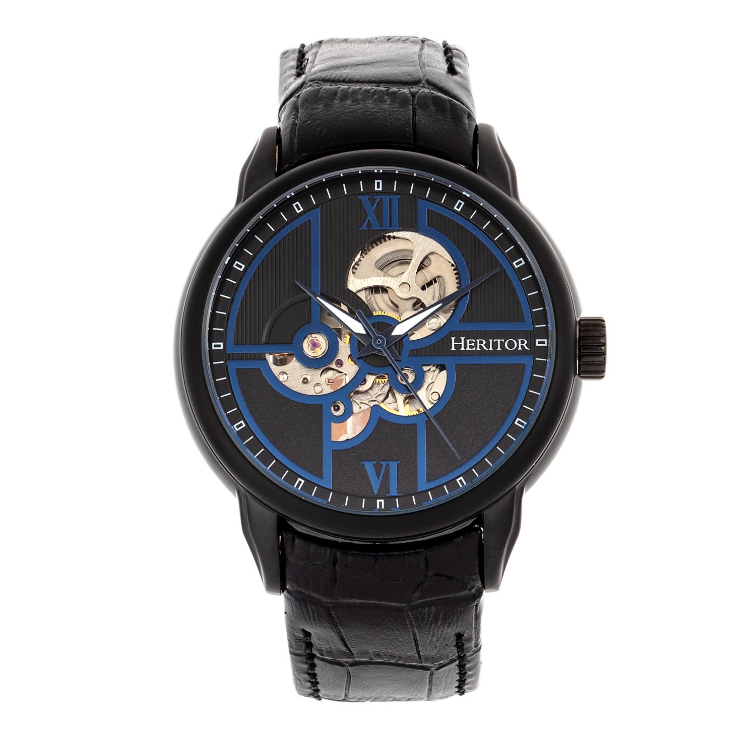 Heritor Automatic Men's Black / Blue Sanford Semi-skeleton Leather-band Watch - Black, Blue In Black/blue