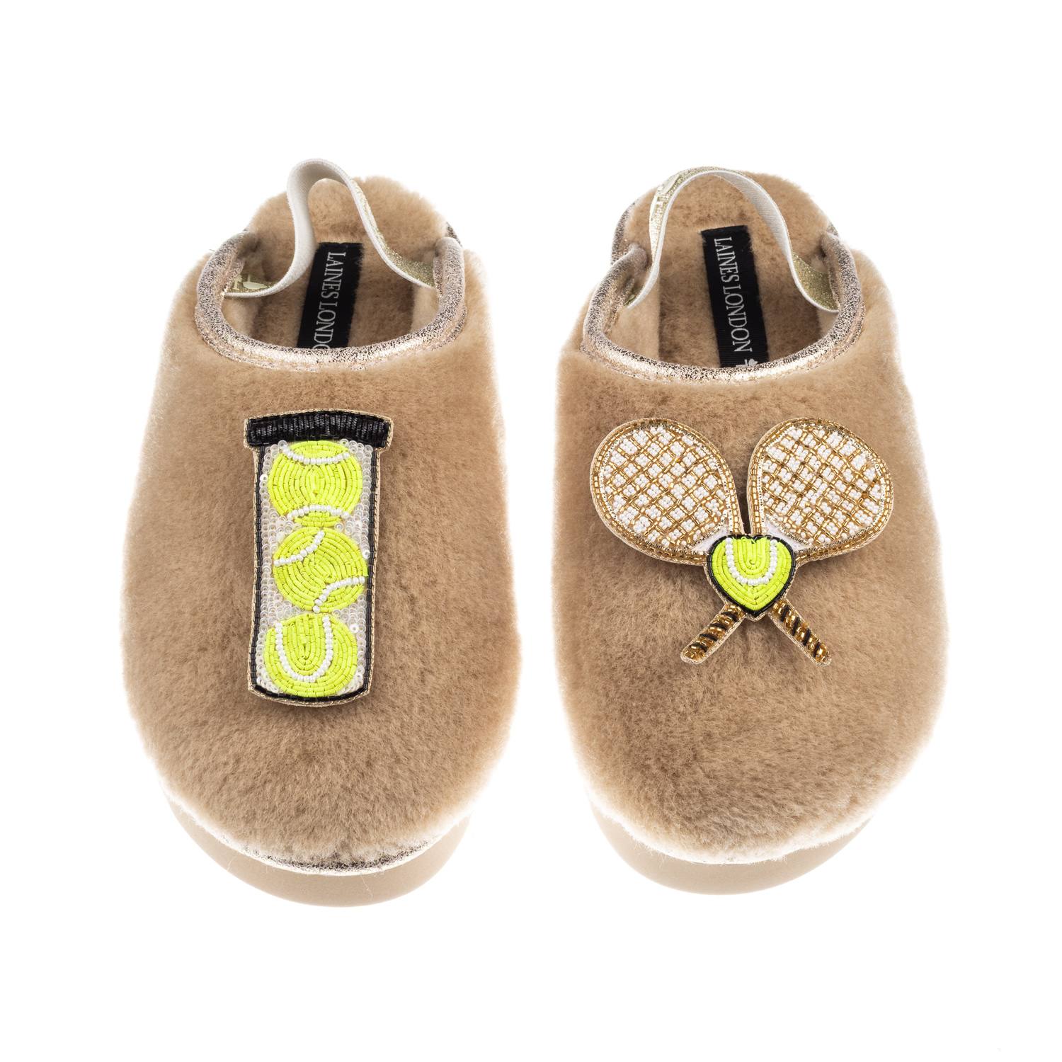 Women's Brown / Gold / Neutrals Flatform Cloud Closed Toe Slippers With Tennis Lover Brooches
