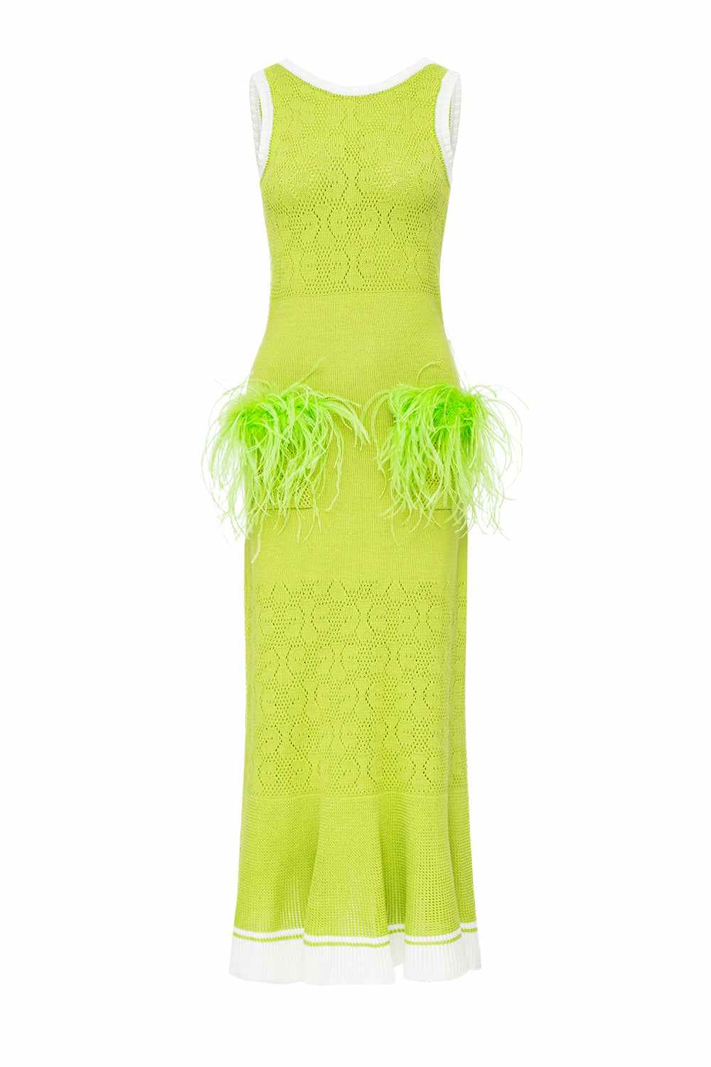ANDREEVA | Apple Green Knit Dress With Real Ostrich Feather Details XL / Green