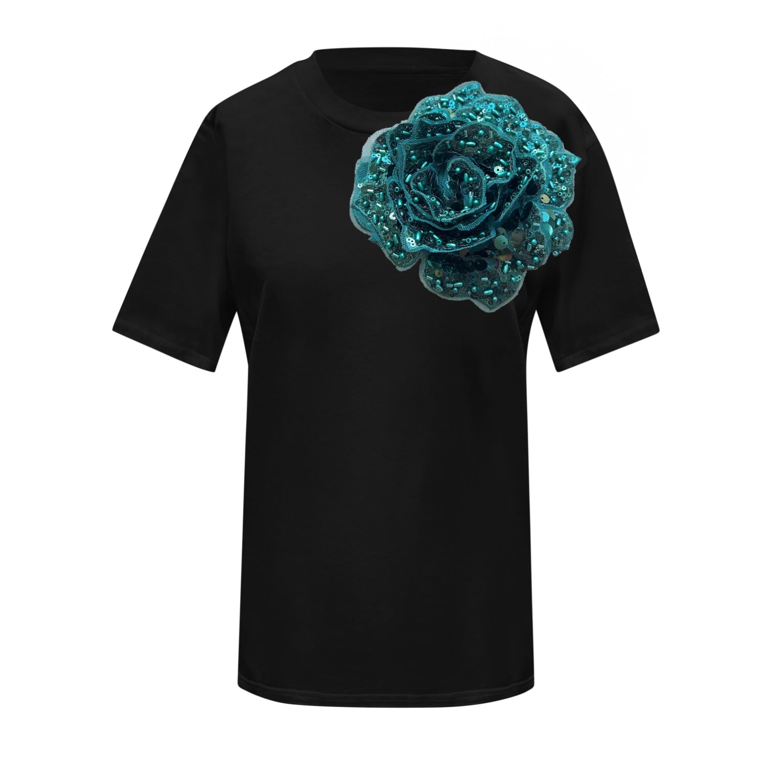 Toma Women's Black / Green Flower Summer Black Cotton T-shirt With Green Side Sequin Rose In Multi
