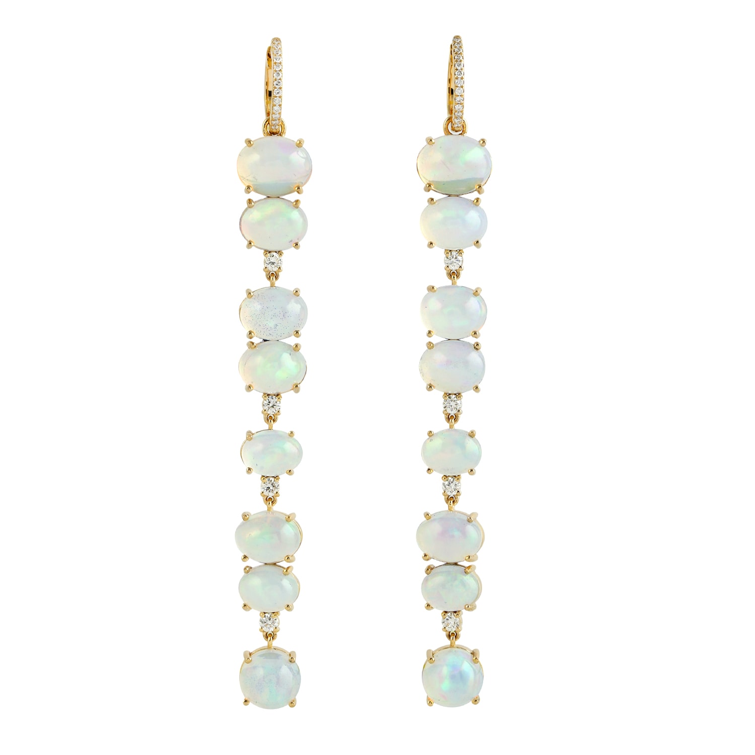 Women’s White / Gold 18K Solid Gold In Prong Ethiopian Opal & Natural Diamond Long Designer Dangle Earrings Artisan