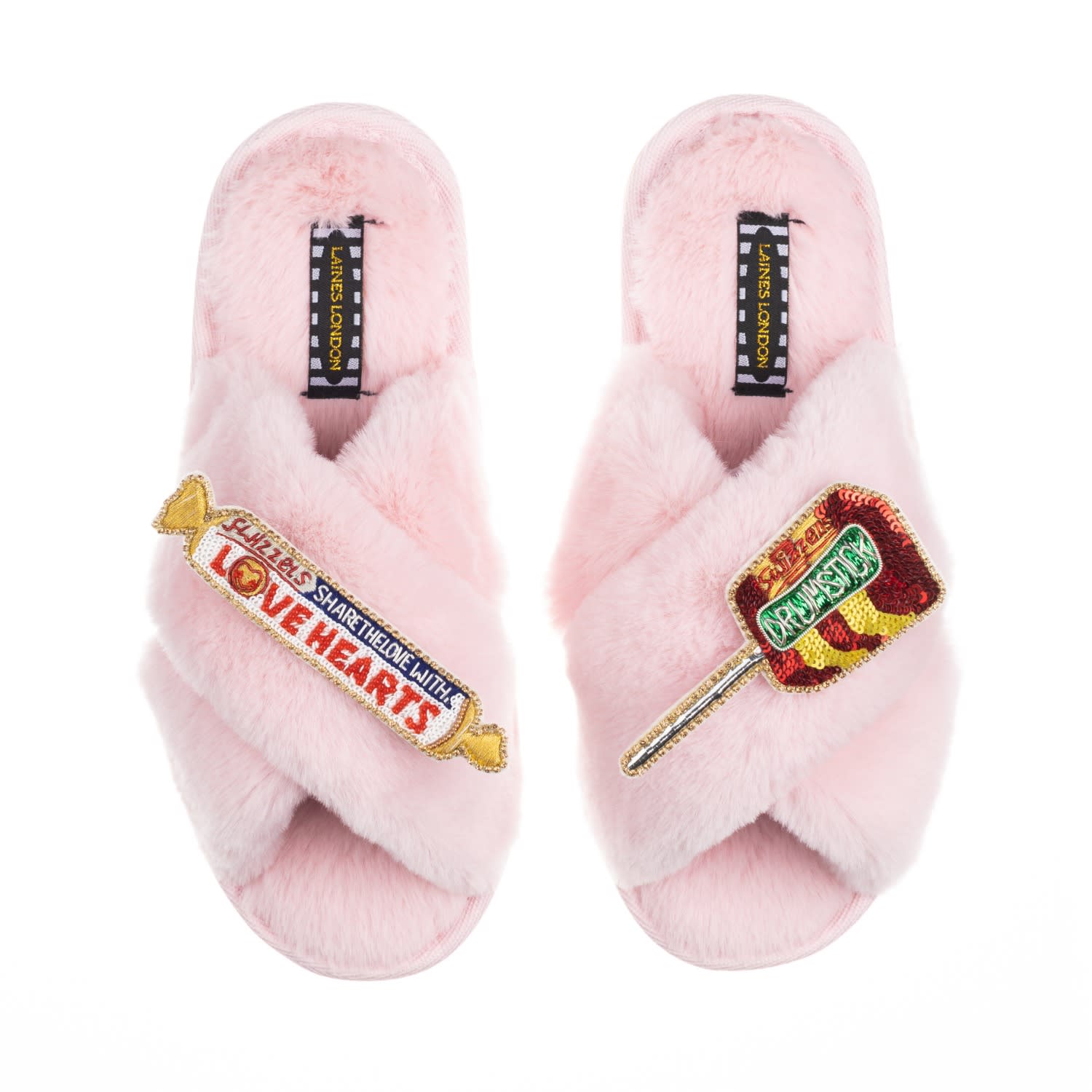 Classic Laines X Swizzels Slippers With Drumstick & Love Hearts Brooches -  Pink | LAINES LONDON | Wolf & Badger