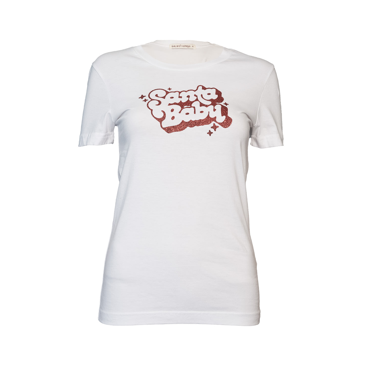 Love And Nostalgia Women's White Santa Baby Glitter Print Tee In White
