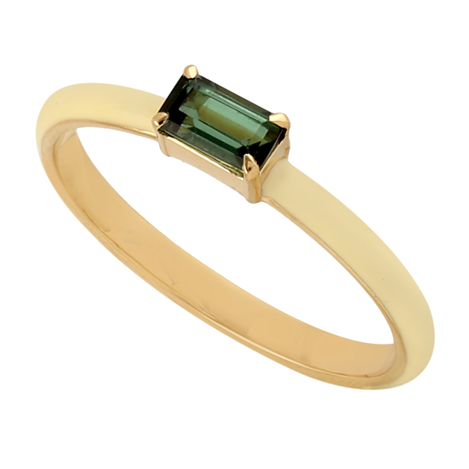 Women’s Green / Gold Baguette Tourmaline Diamond Enamel Band Ring 14K Solid Yellow Gold Artisan