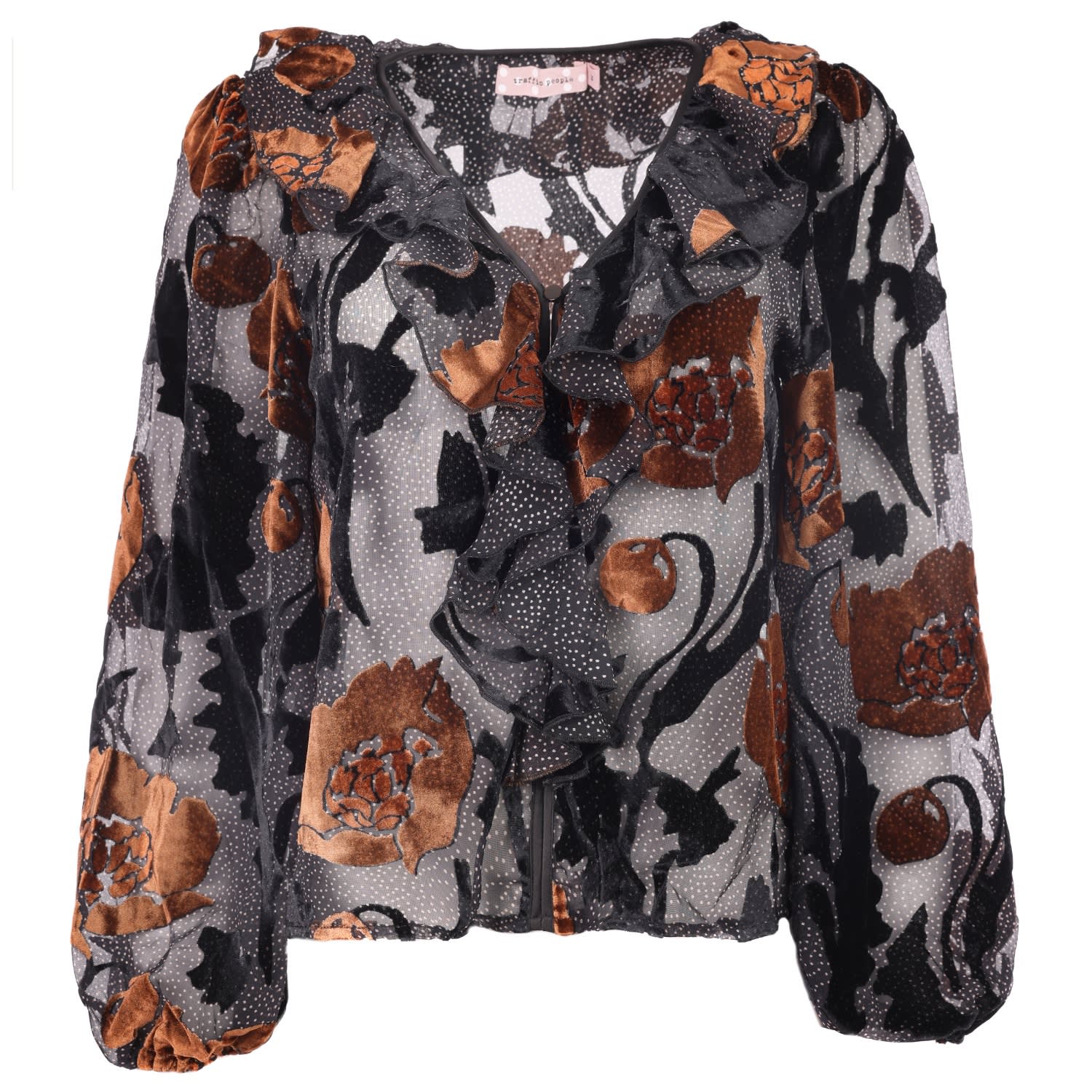 Traffic People Women's Black / Red Burnout Frill Blouse In Black
