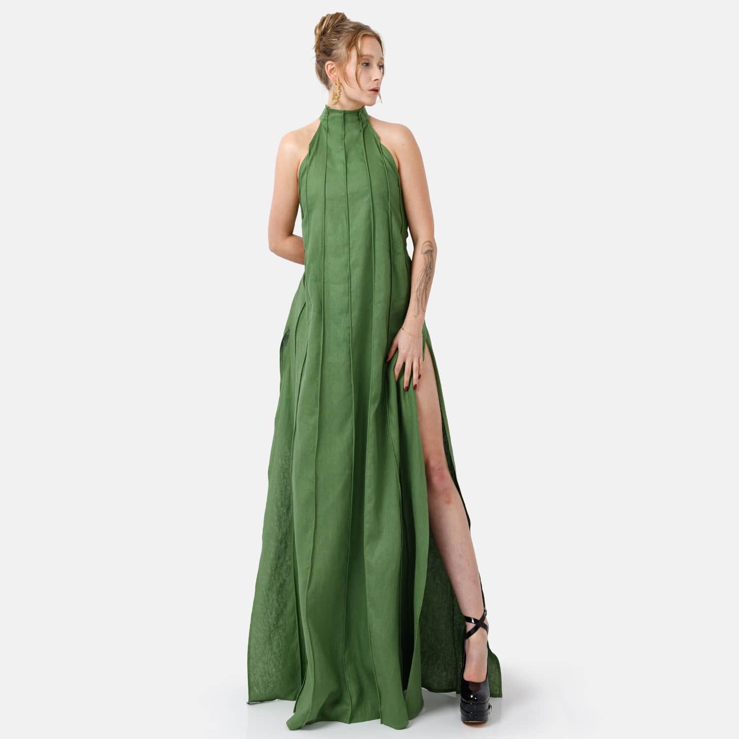 Olive Green Linen Maxi Dress  Pleated Designer Halter Gown | Kargede |  Wolf & Badger