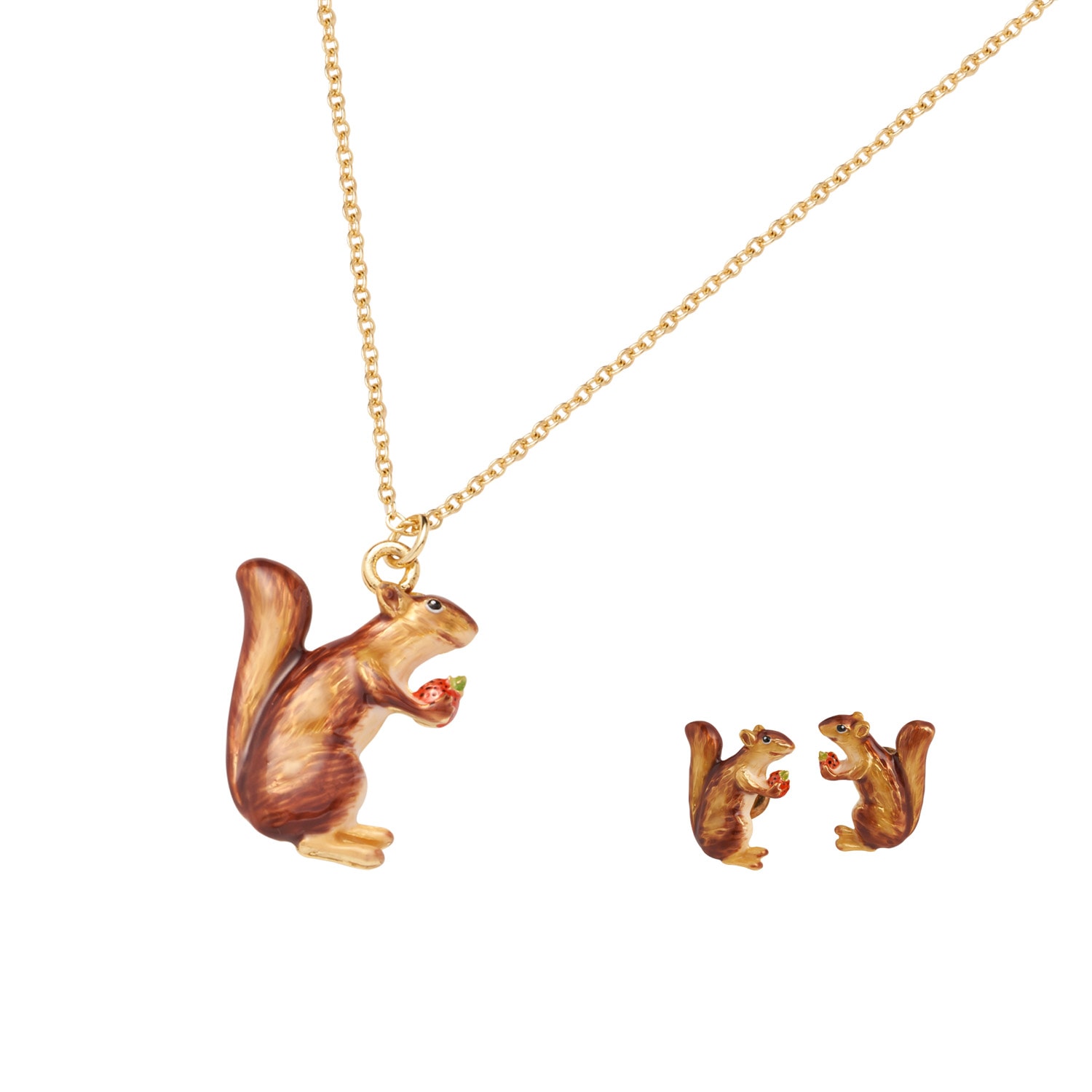 Women’s Gold / Brown Enamel Cheeky Squirrel Stud Earrings, Enamel Cheeky Squirrel Short Necklace Fable England