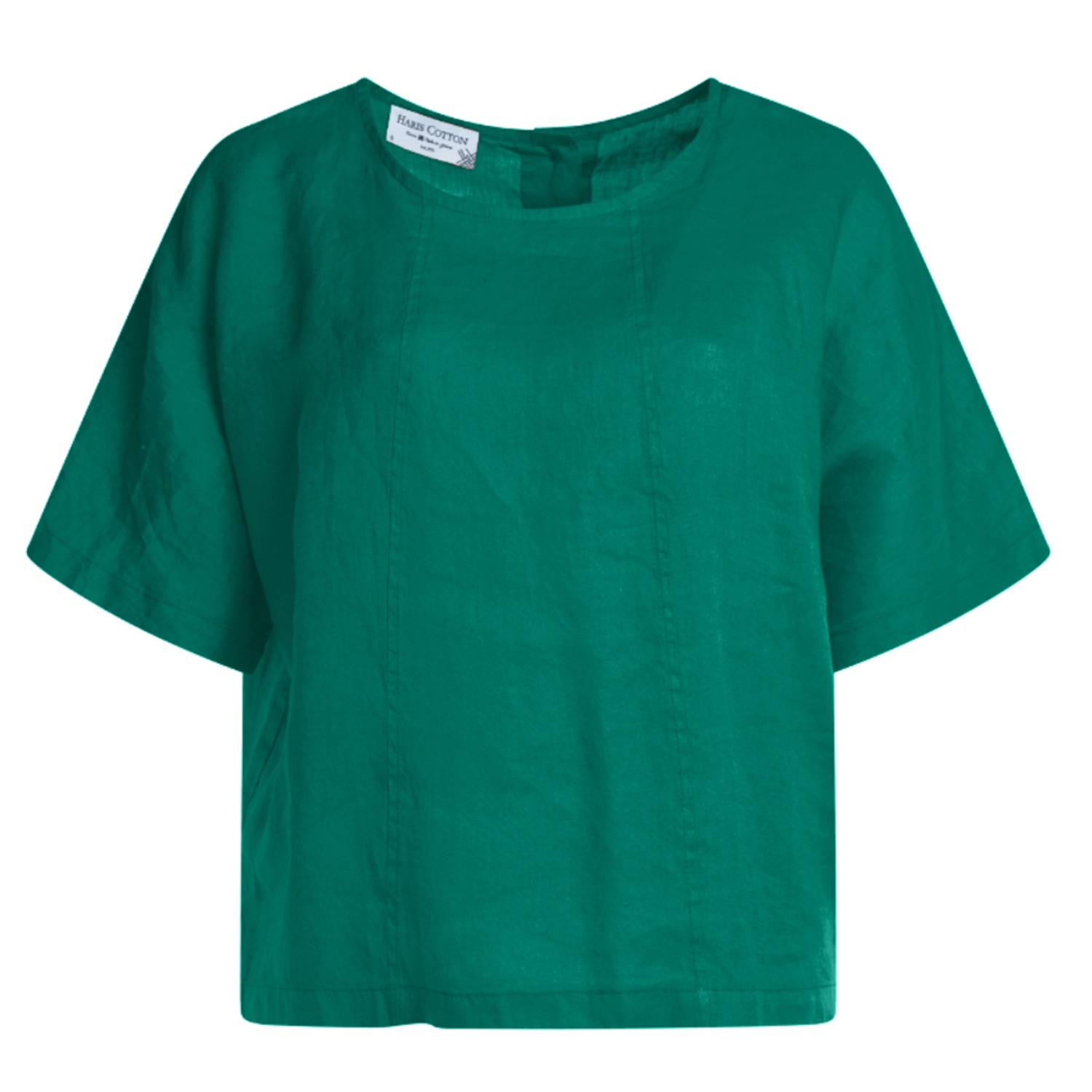 Haris Cotton Women's Green Round Neck Linen Blouse With Batwing Sleeve And Back Buttons Emerald In Green