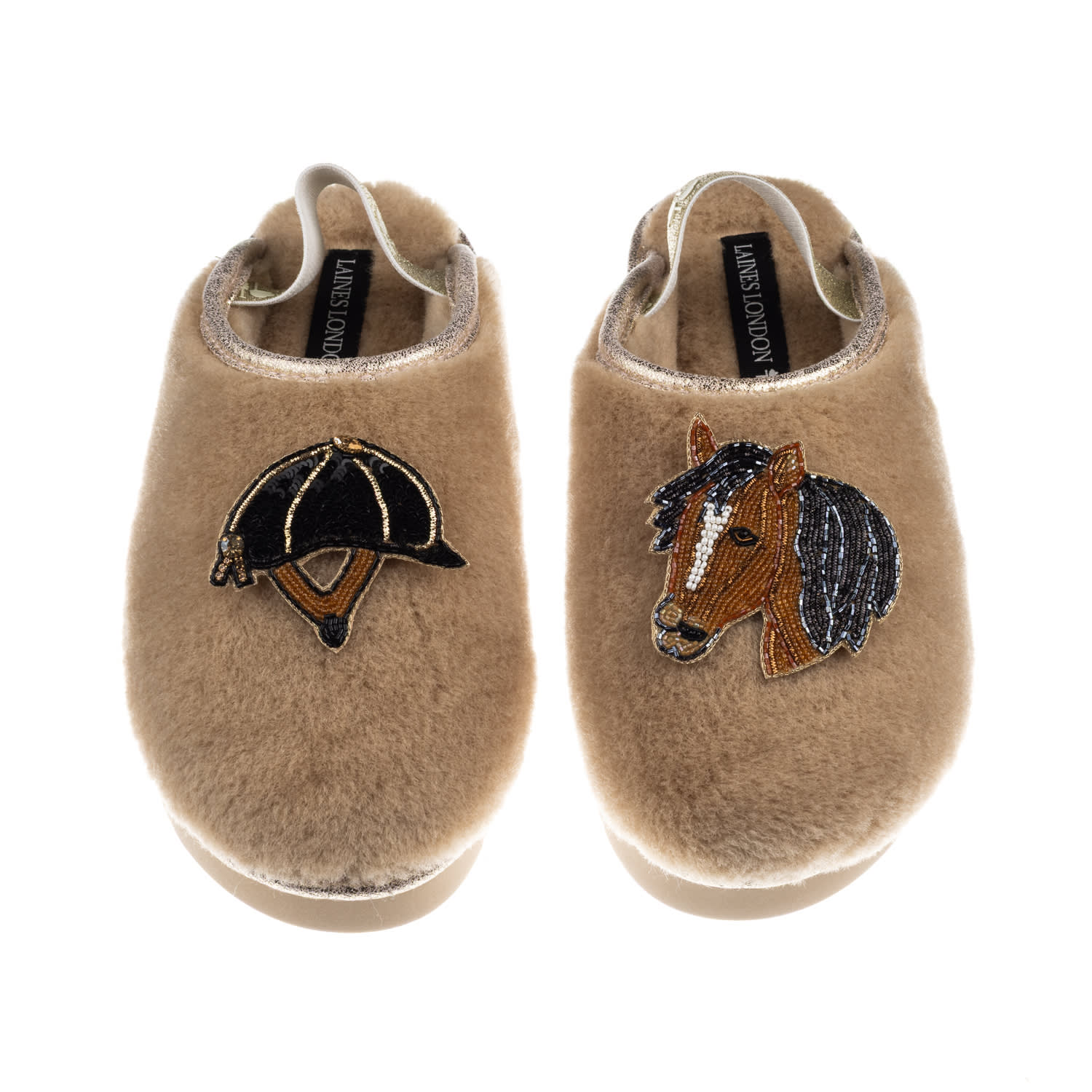 Laines London Women's Brown / Gold / Neutrals Flatform Cloud Slippers With Riding Hat & Horse Brooches - Toffee In Multi