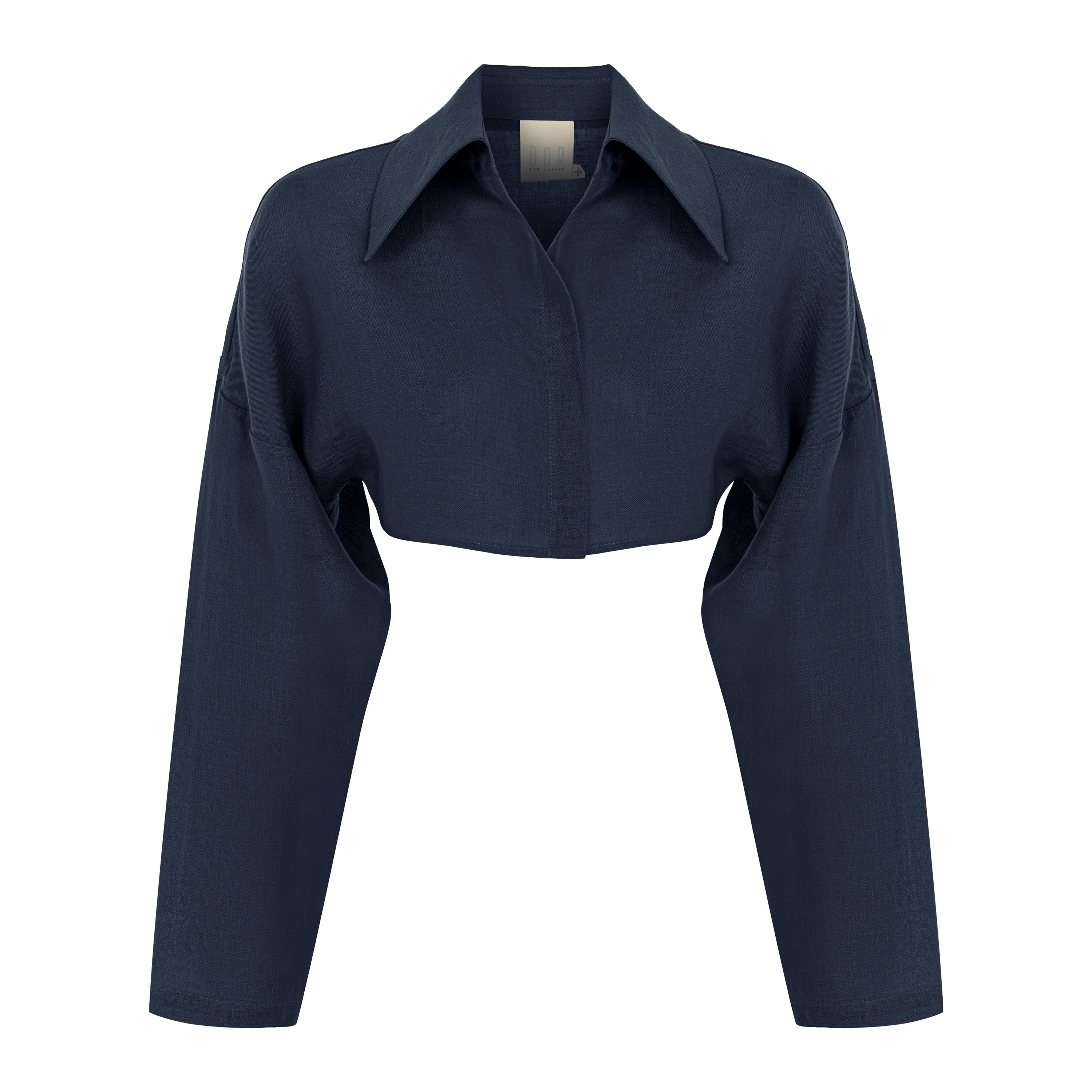 Dor Raw Luxury Women's Blue Words Linen Shirt - Navy