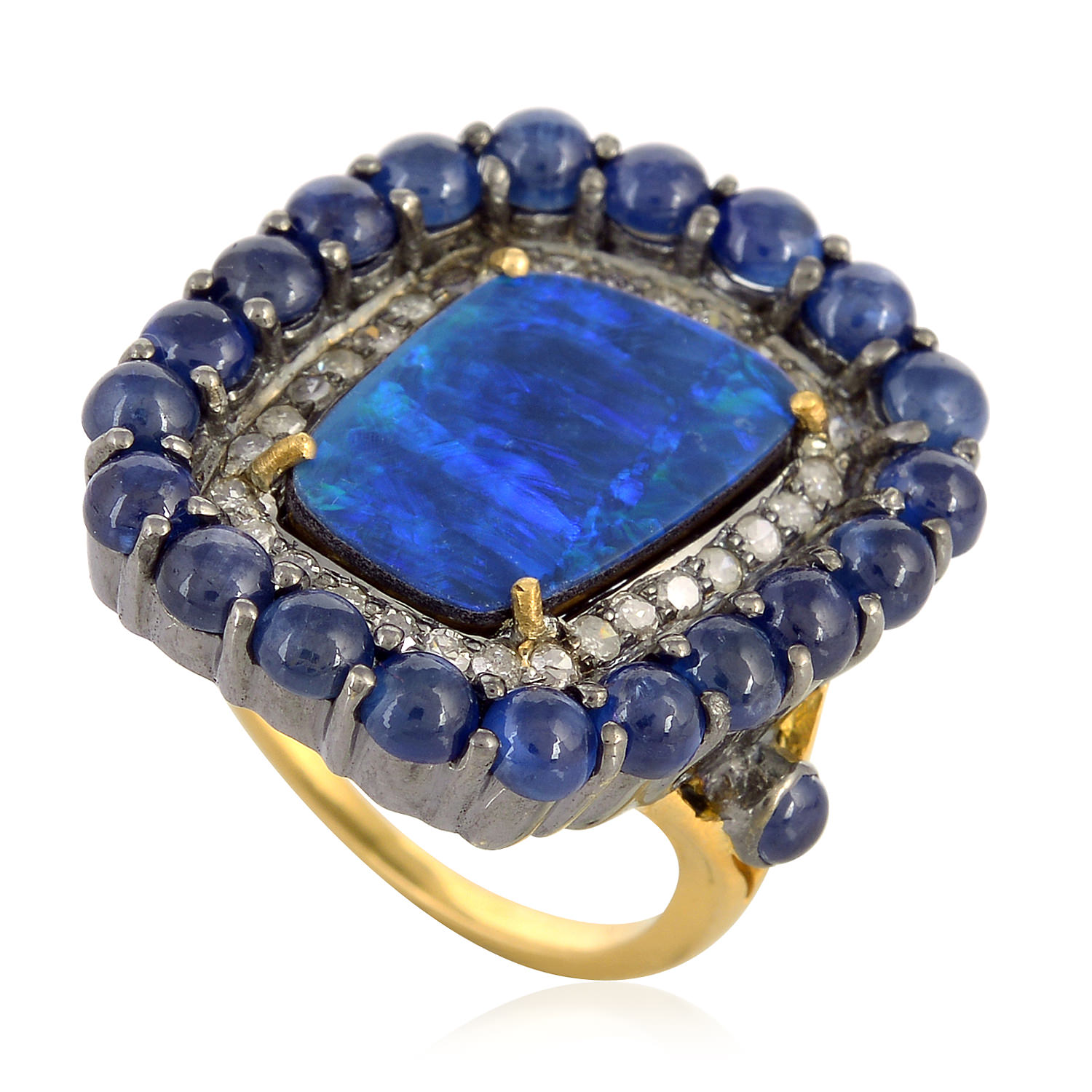 Women’s Silver / Blue Natural Sapphire Opal 18K Gold Diamond Gold 925 Sterling Silver Cocktail Ring Artisan