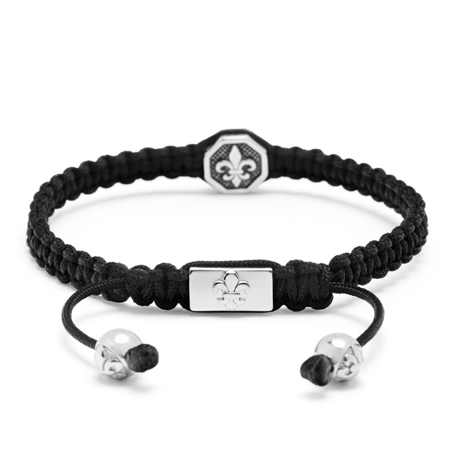 Men's Black String Bracelet With Vintage Silver Fleur De Lis Charm