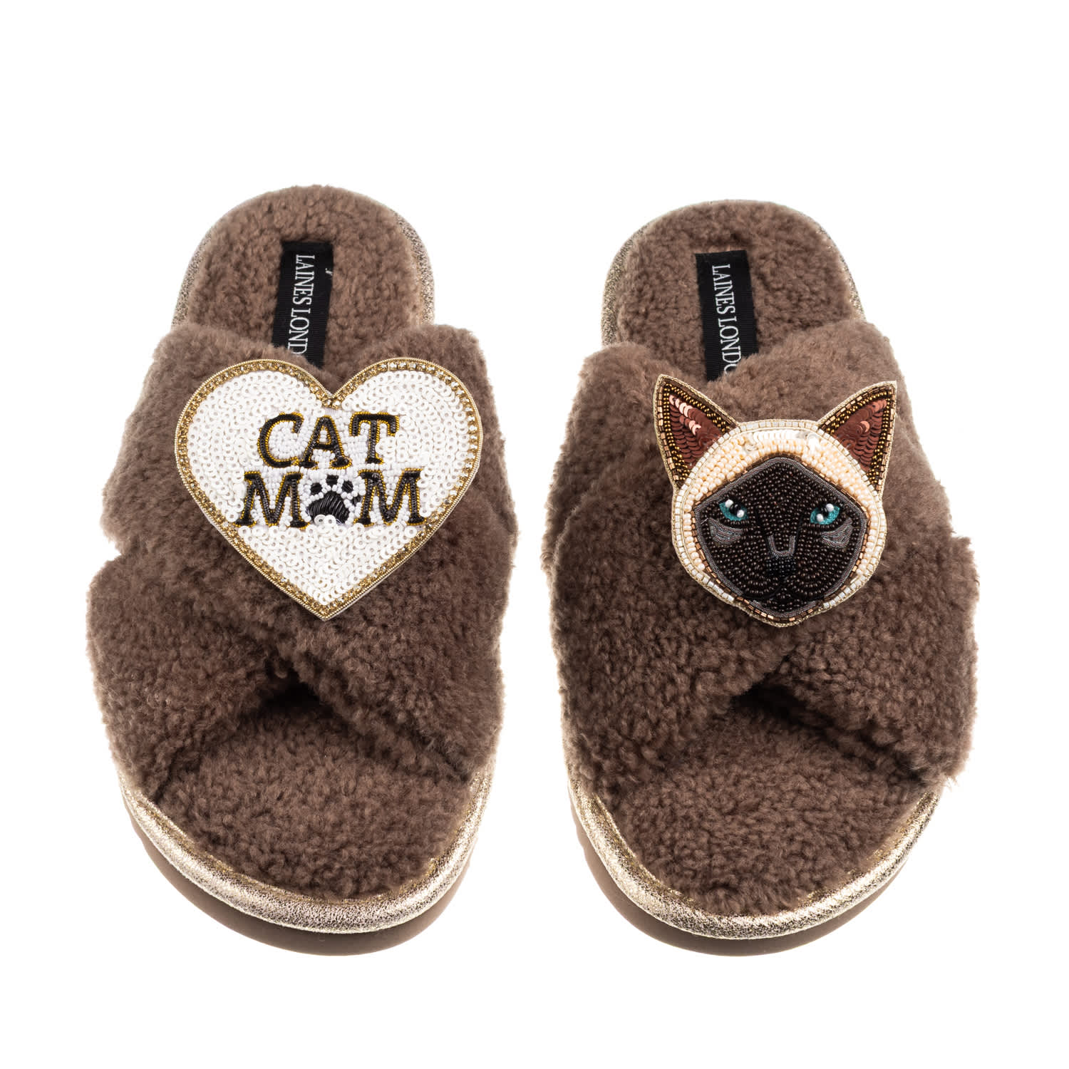 Laines London Women's Brown / Neutrals Boucle Slippers With Cat Mum/mom & Siamese Cat Brooches - Mink In Brown