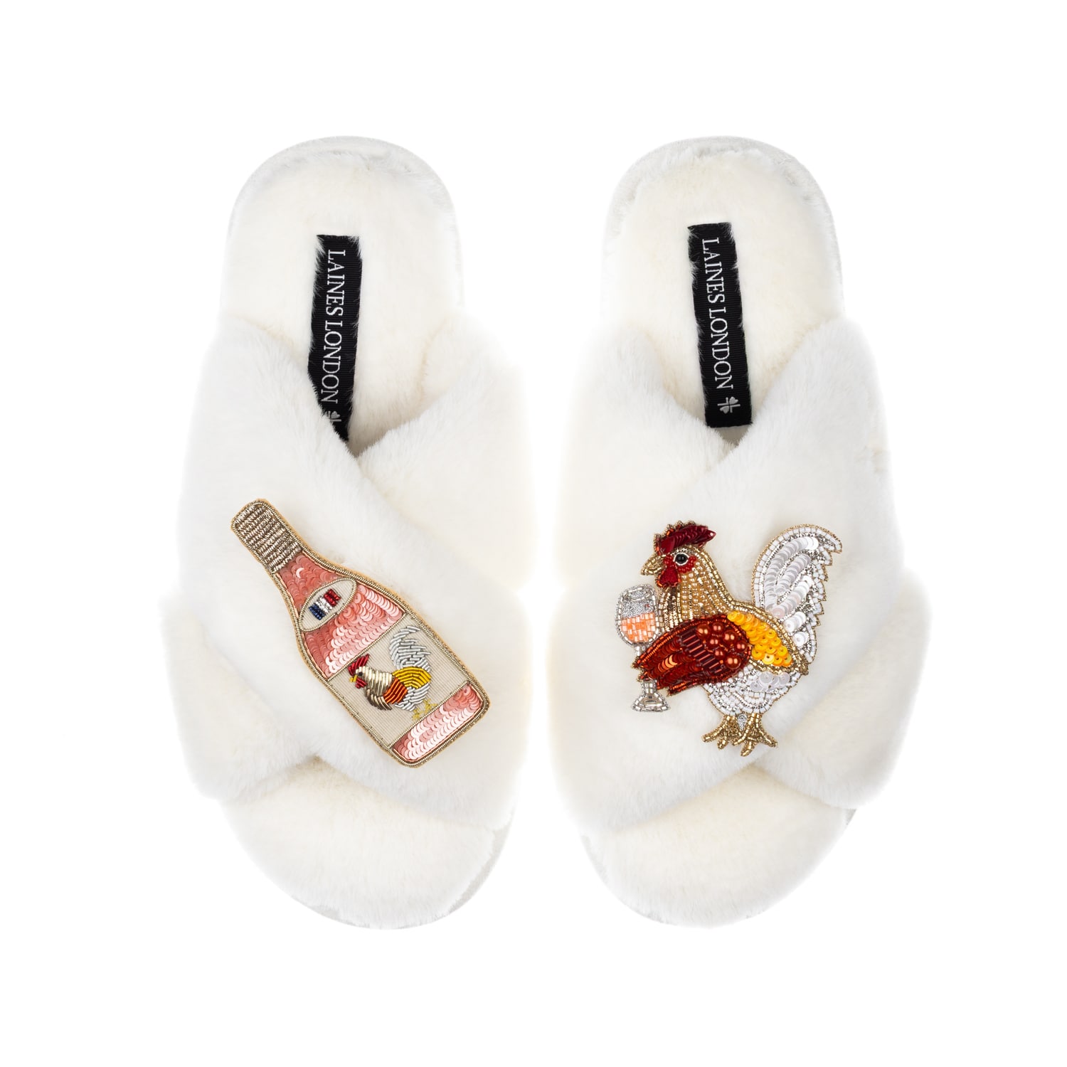 Women's Neutrals / White Classic Laines Slippers With Chicken Wine Brooches - Cream | Small | Laines London