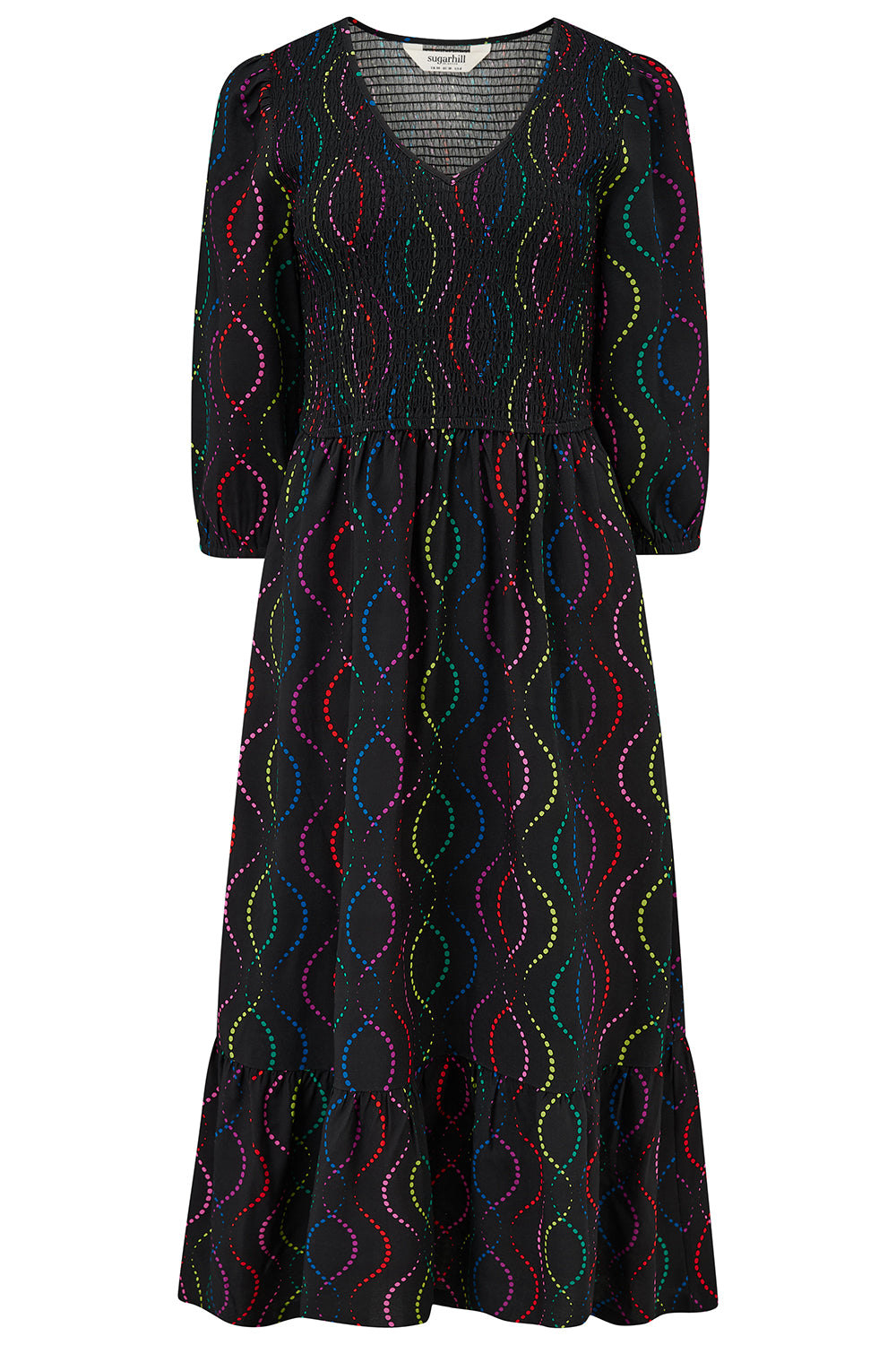 Sugarhill Brighton Women's Magdalene Shirred Midi Dress, Black, Dotted Waves In Black