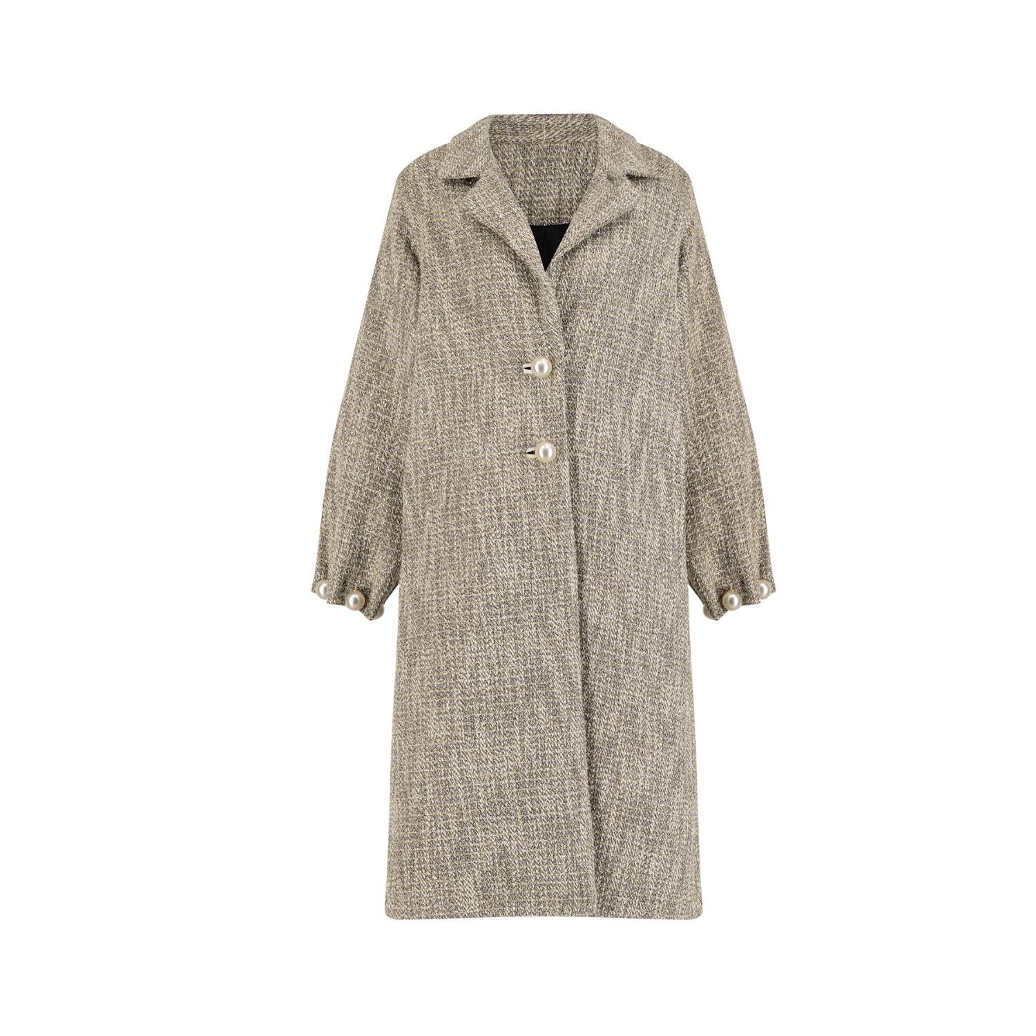 Azzalia Women's Multicolor Long Tweed Coat With Jumbo Pearl Buttons-moon Mist