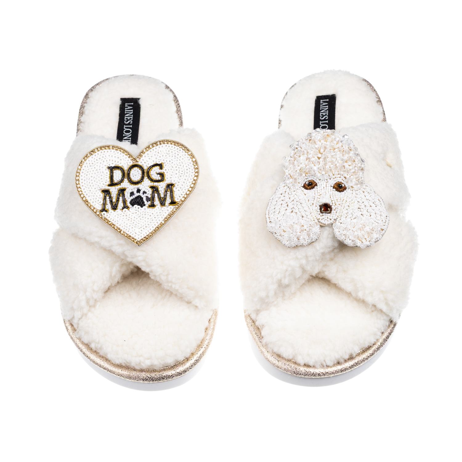 Laines London Women's Neutrals / White Laines Neutral Boucle Slippers With Pearl The Poodle & Dog Mum / Mom Brooch