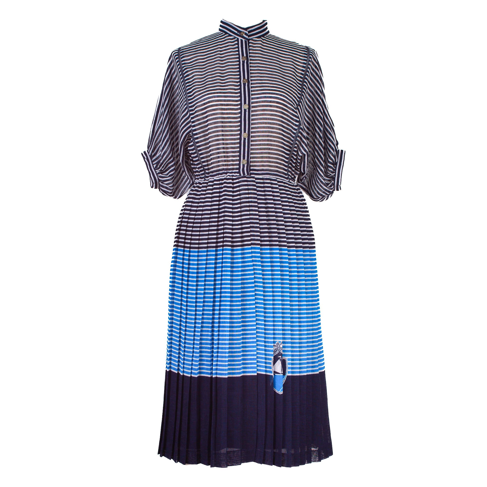 Women’s Blue & Grey Striped Vintage Dress With Short Sleeves Medium Sugar Cream Vintage