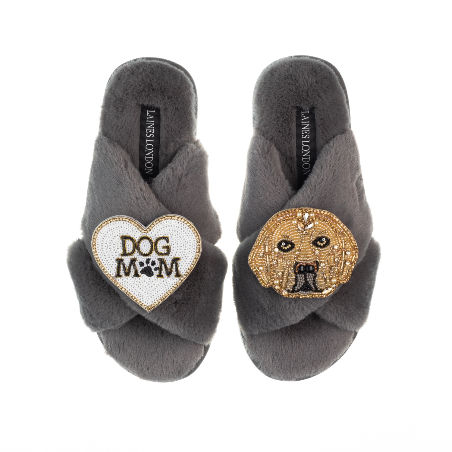 Women’s Classic Laines Slippers With Skip The Golden Lab & Dog Mum / Mom Brooches - Grey Large Laines London