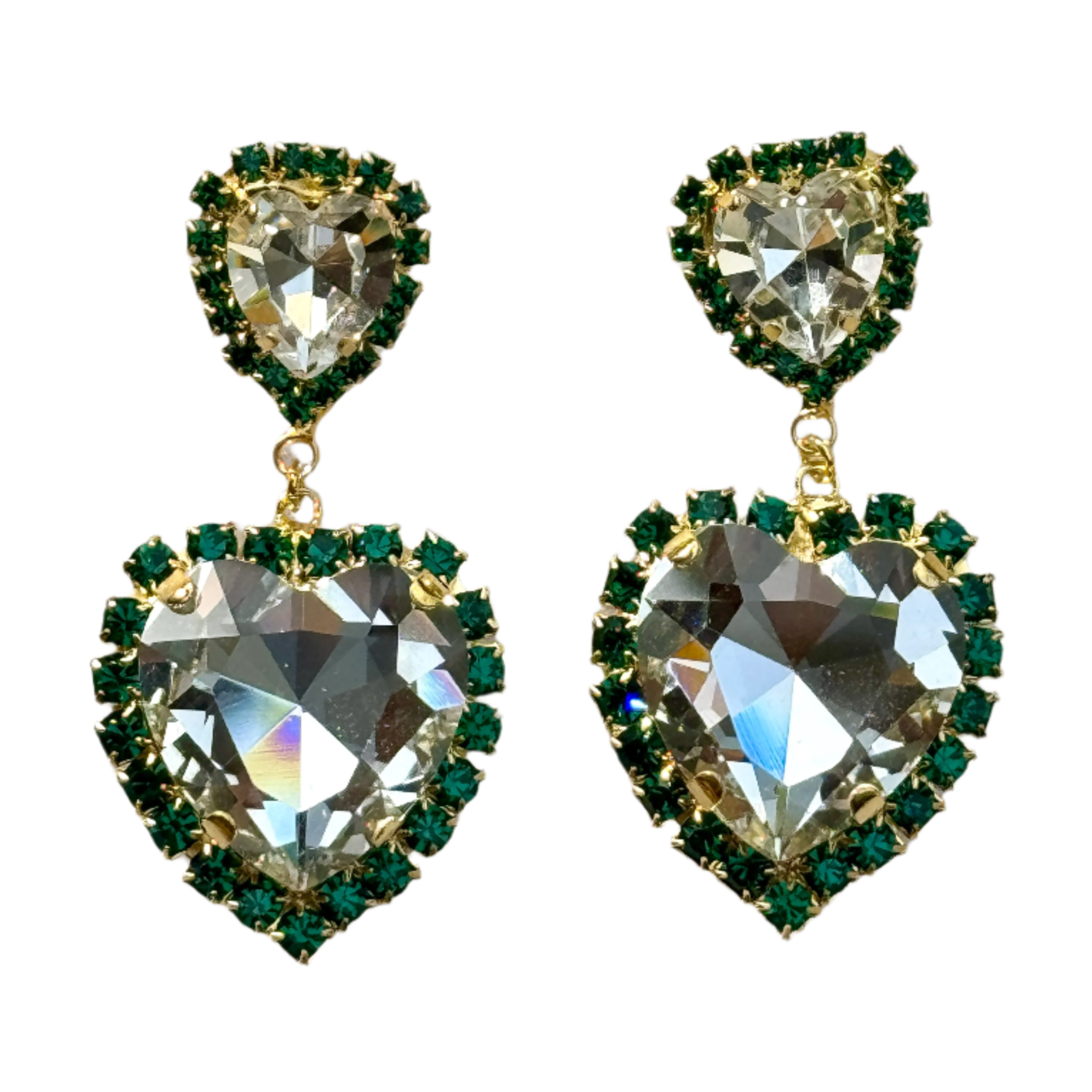 Laura Gray Women's Double Heart Emerald Green Crystal Post Earrings
