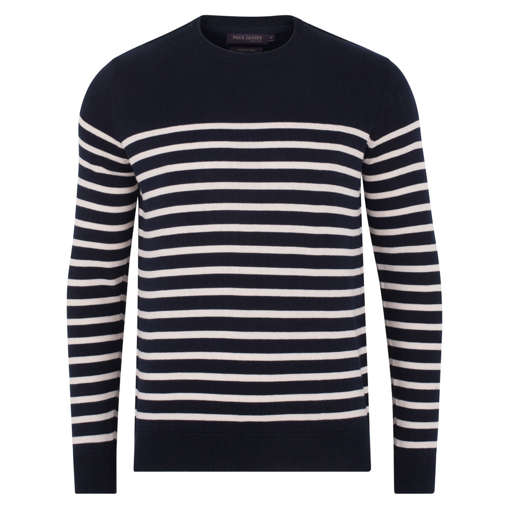 Blue Mens 100% Cotton Striped Breton Allen Sweater - Navy Medium Paul James Knitwear