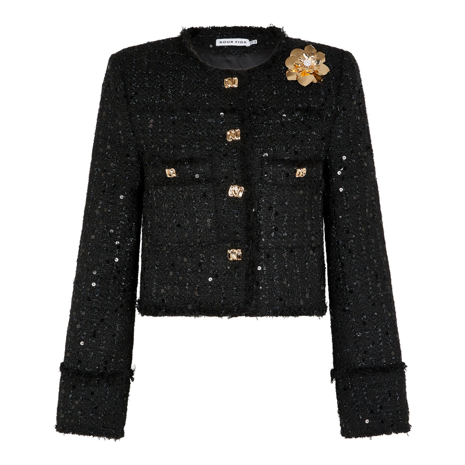 Women's Sequined Brooch-Detail Bouclé Tweed Jacket In Black | Xxs | Sour Figs