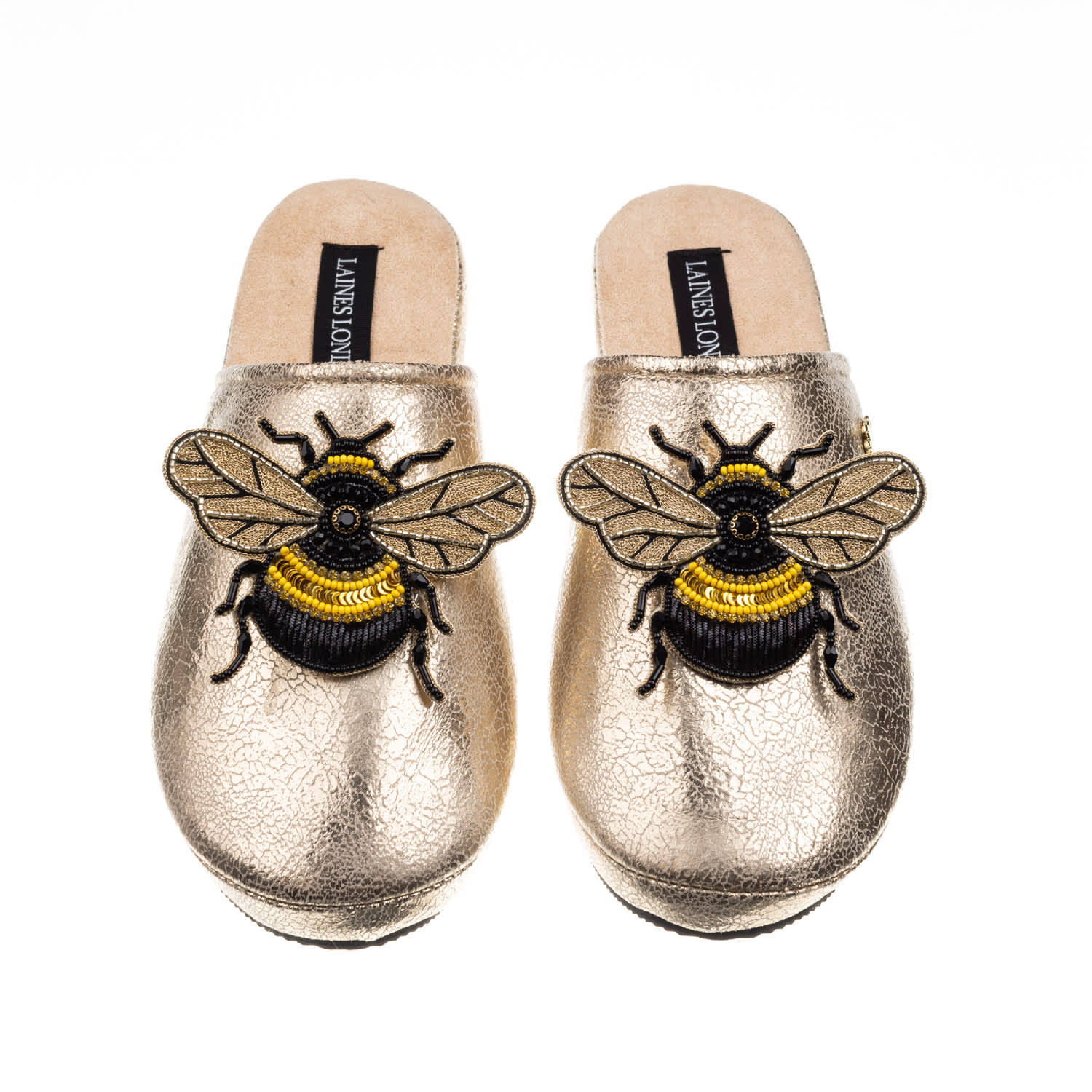 Laines London Women's  Gold Softie Slippers With Double Honey Bee Brooches In Gold