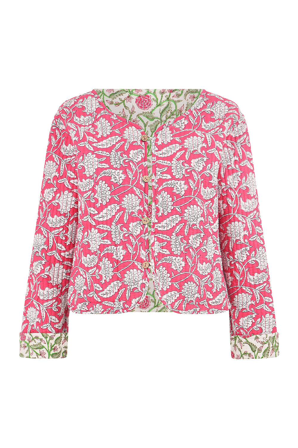 Yumi Women's Pink / Purple  Pink Floral Reversible Cotton Quilted Jacket