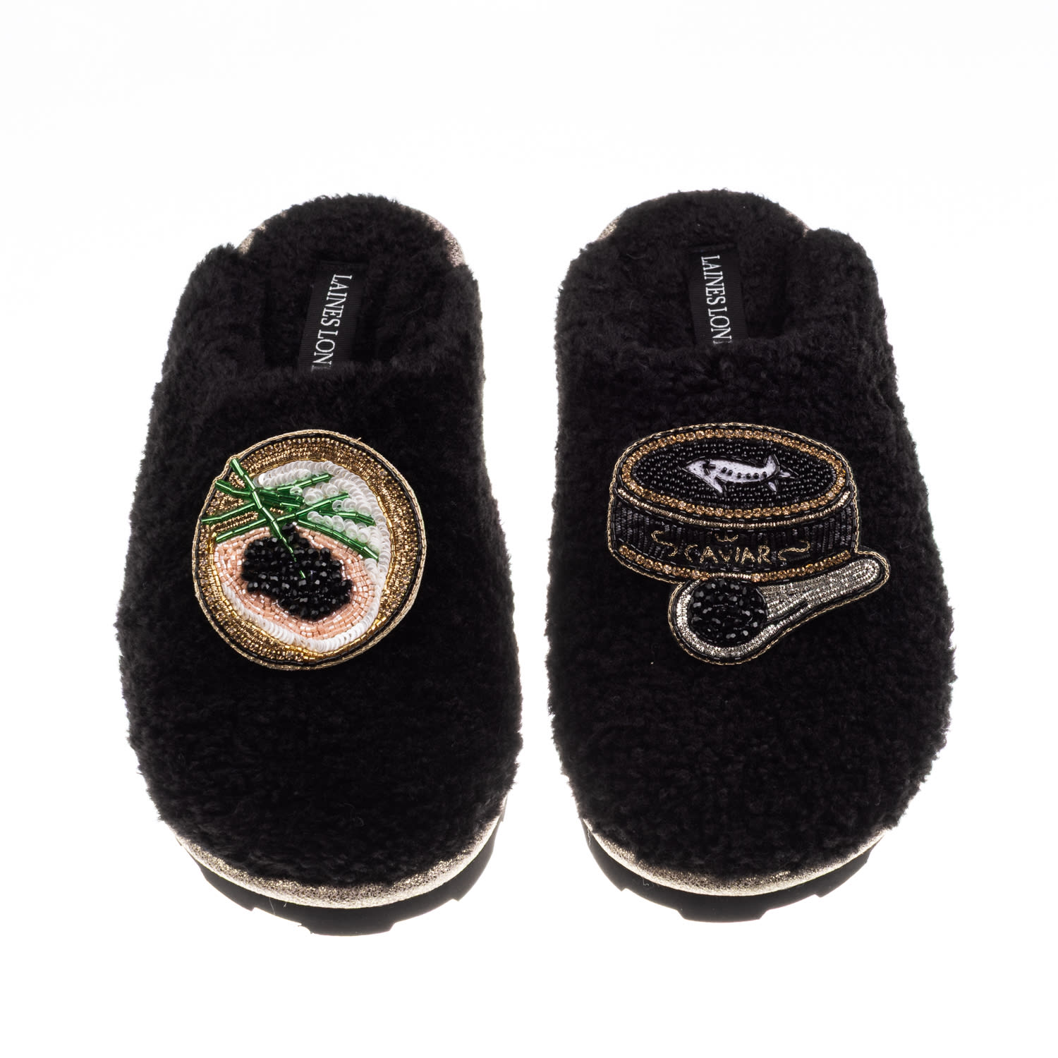 Laines London Women's Teddy Closed Toe Slippers With Caviar & Blini Brooches - Black In Black