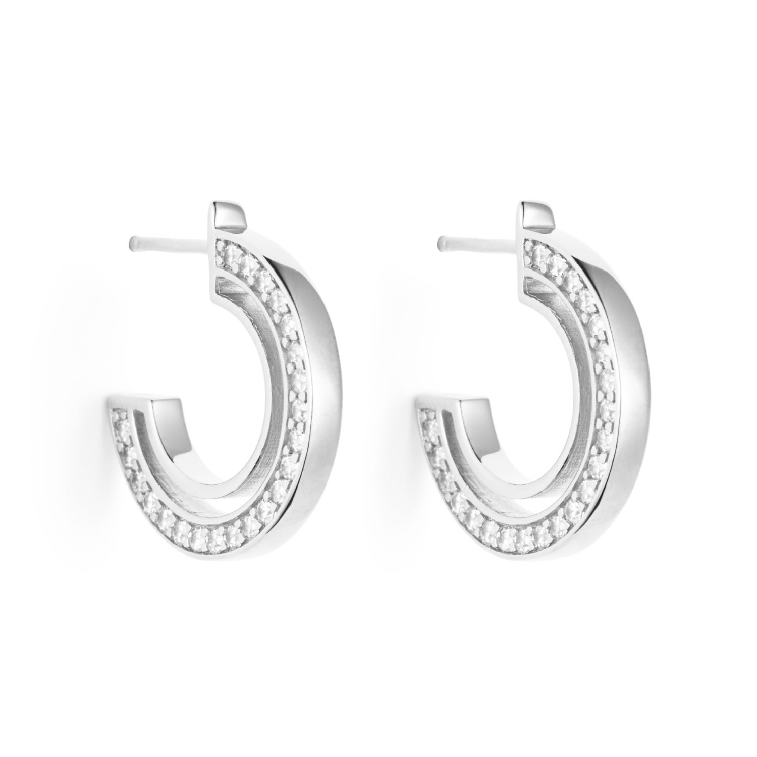 Toolally Women's Small Double Hoop Earrings - Silver & Cubic Zirconia In Metallic