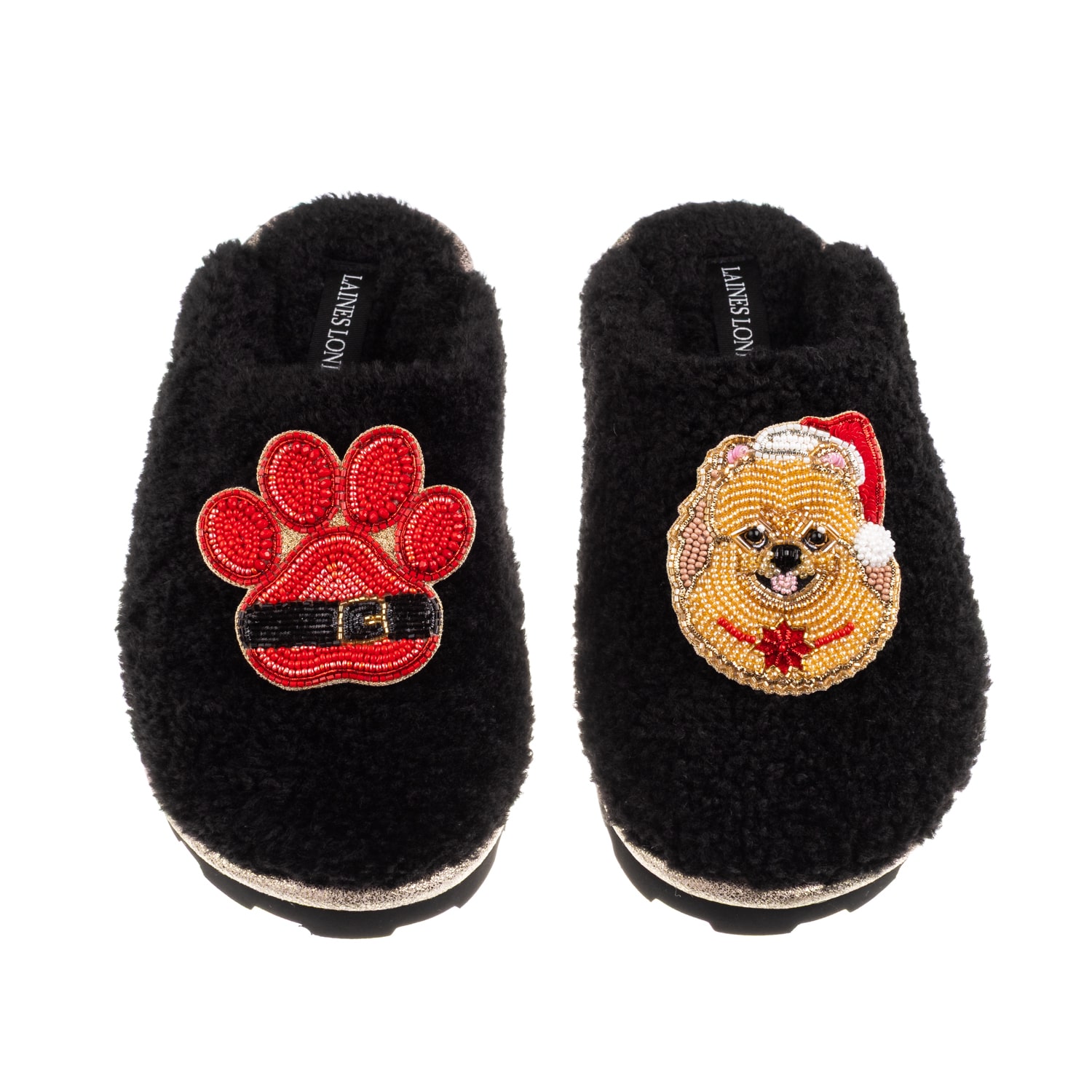 Laines London Women's Teddy Closed Toe Slippers With Christmas Pomeranian & Paw Brooches - Black In Black