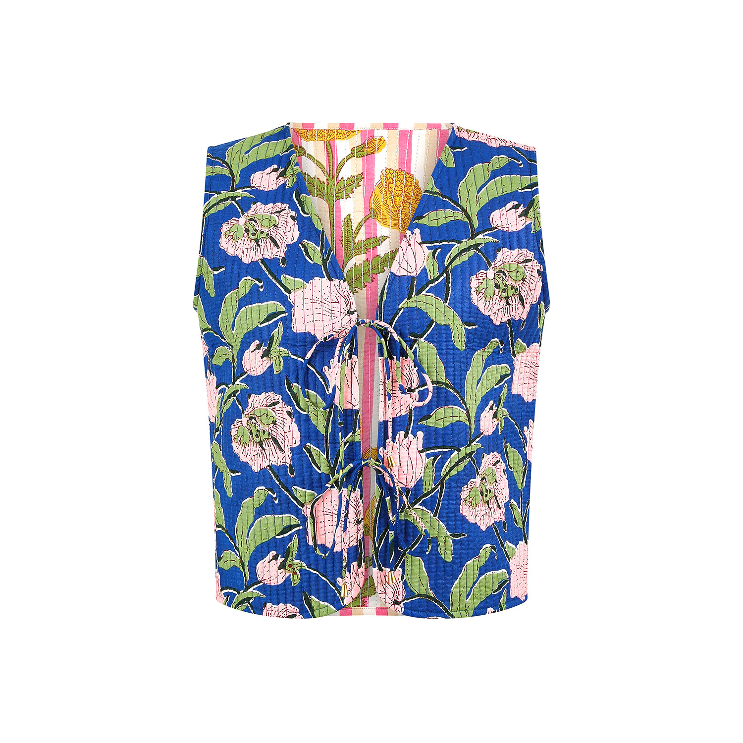 Yumi Women's Blue  Navy Flower Reversible Cotton Quilted Waistcoat
