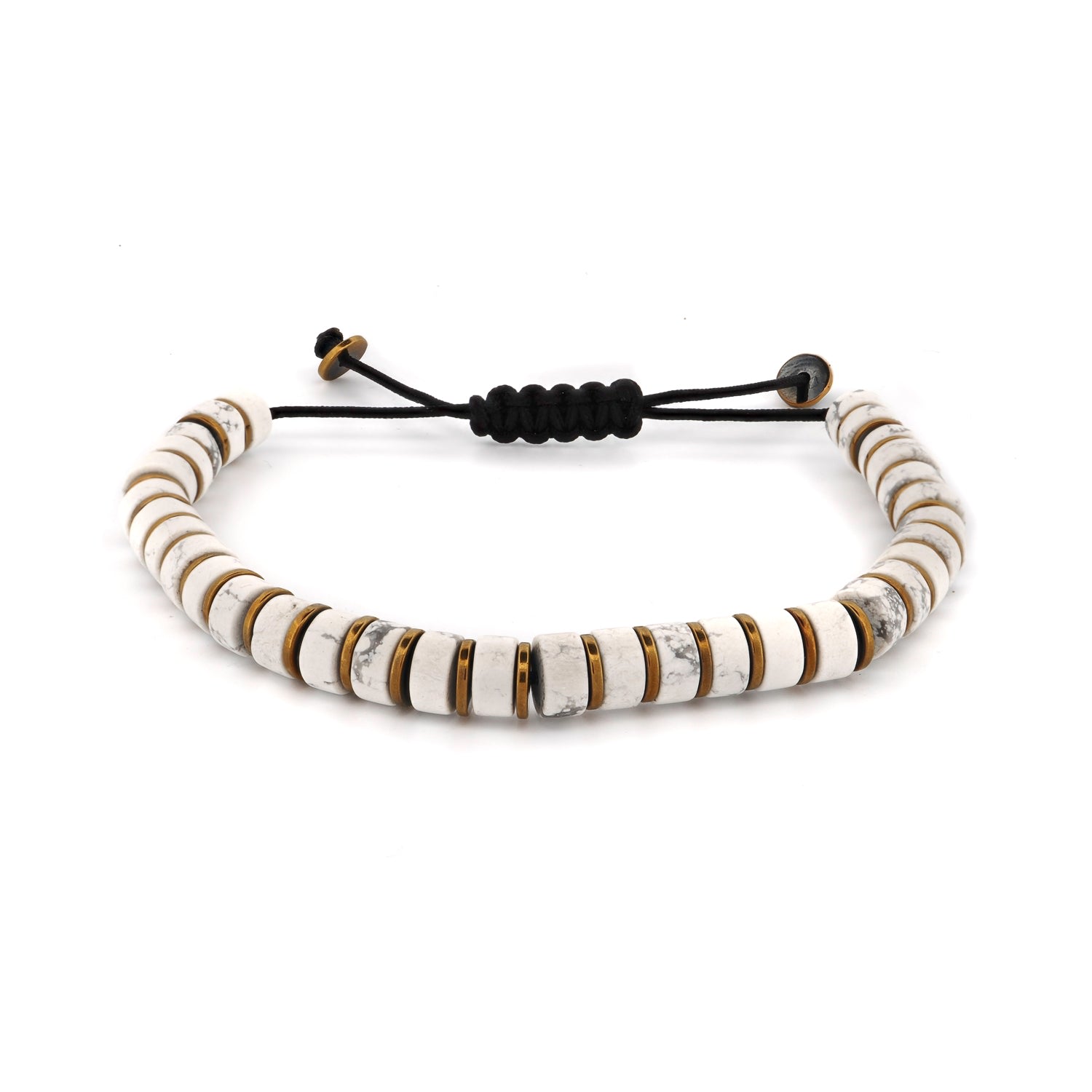Ebru Jewelry Gold / Black / White Men's White Howlite & Gold Hematite Beaded Adjustable Bracelet - White
