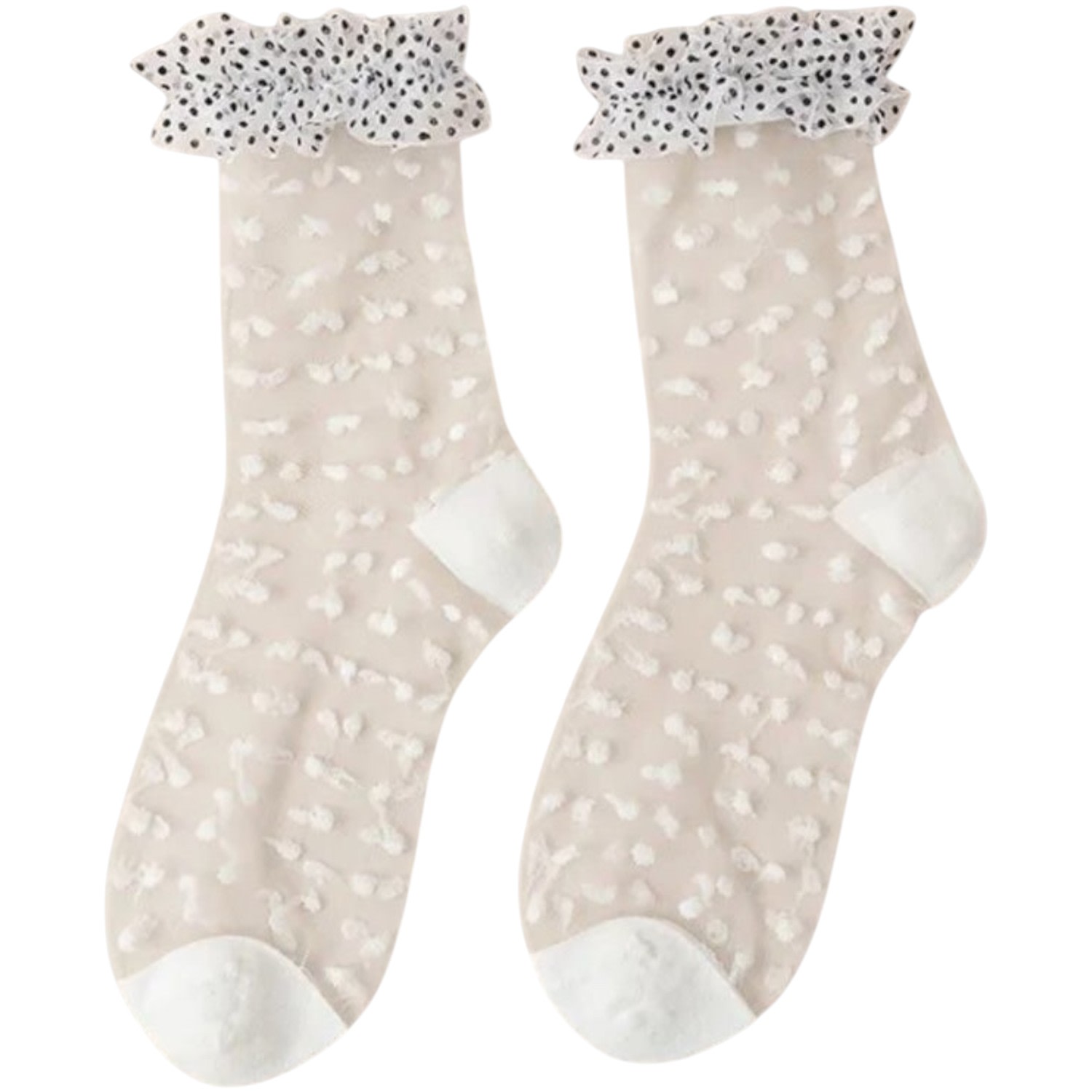 High Heel Jungle By Kathryn Eisman Women's Sheer Frilly Socks – White Dots In Nude