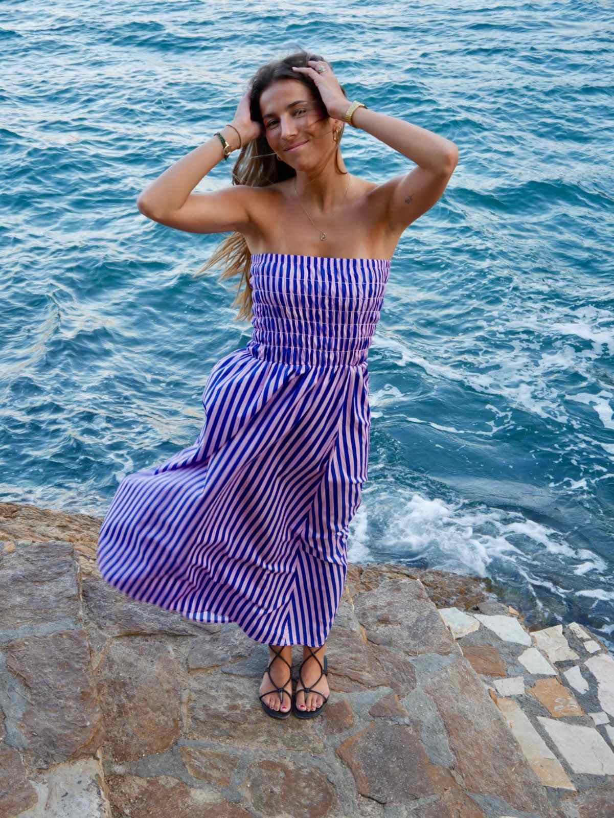 Emily Blue And Pink Striped Dress by Mind Traveler
