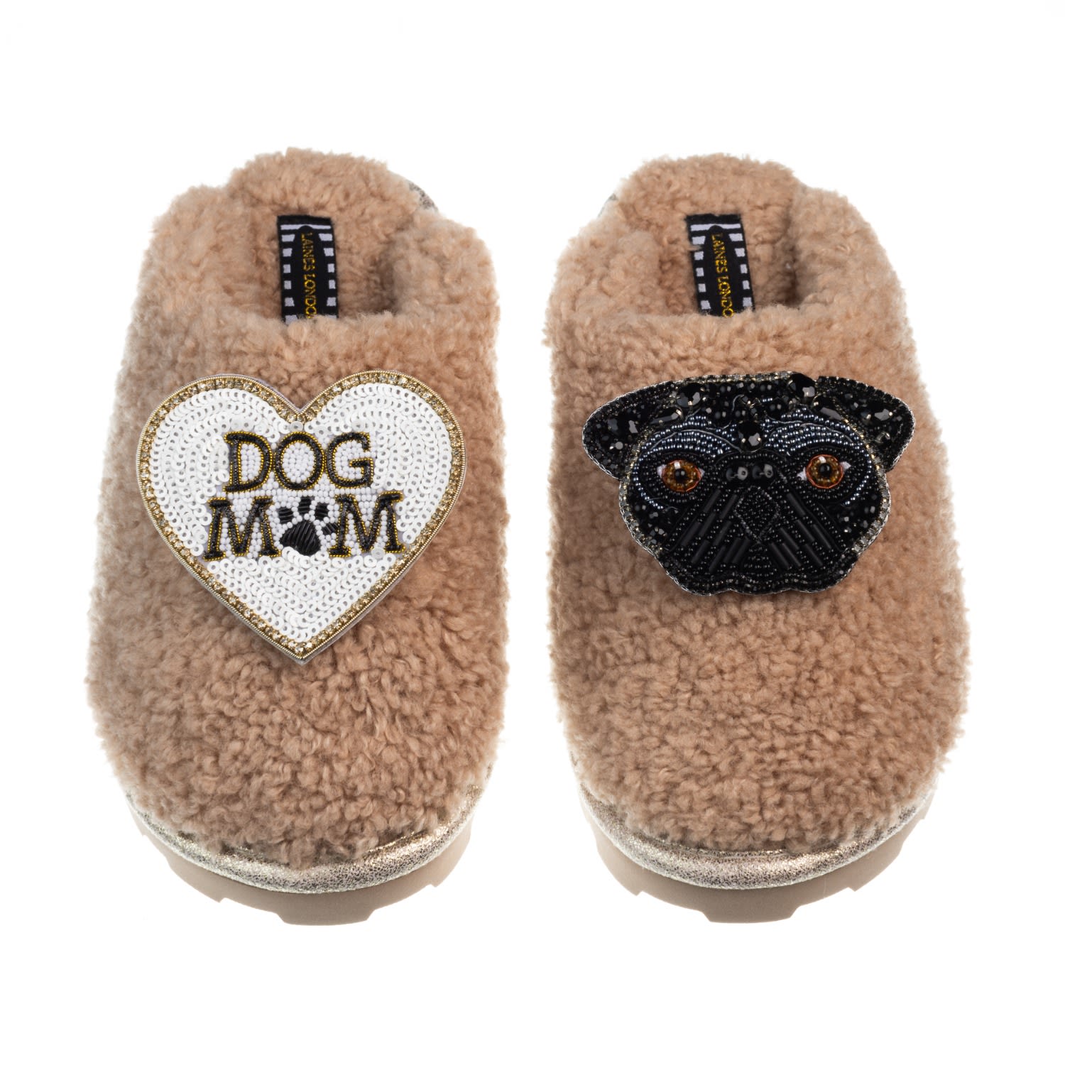 Laines London Women's Brown Teddy Closed Toe Slippers With Snoopy Pug & Dog Mum / Mom Brooches - Toffee