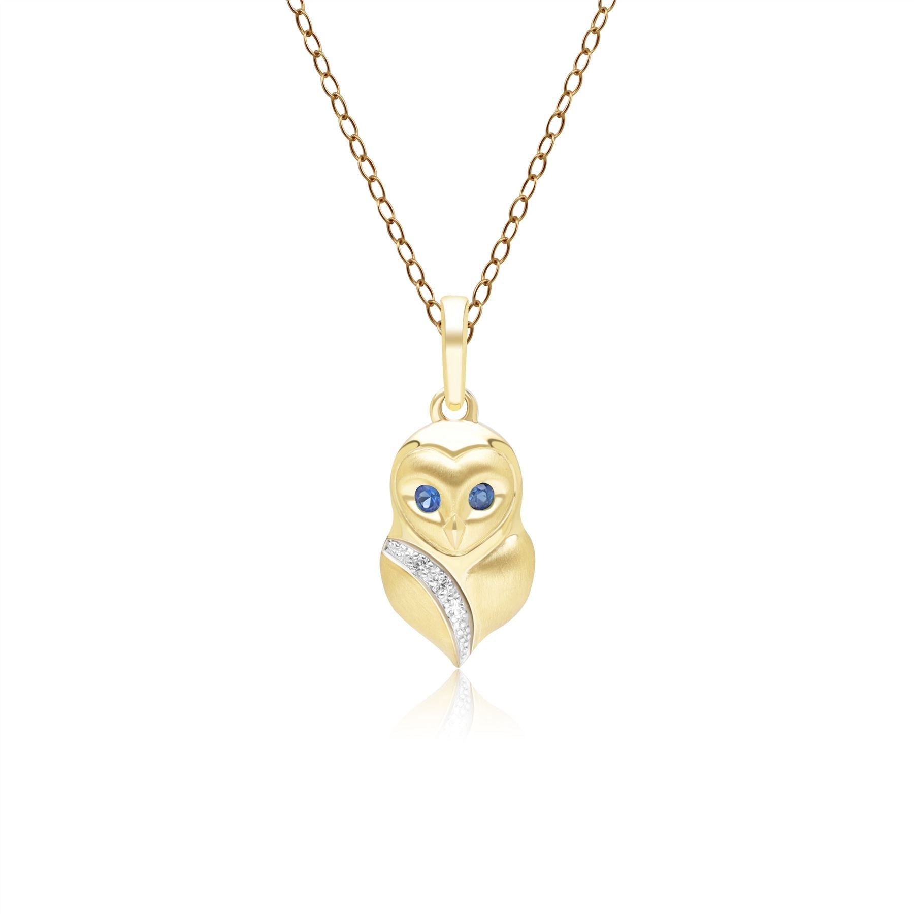 Women’s Blue Gardenia Sapphire & White Sapphire Owl Pendant Necklace In Yellow Gold Gemondo