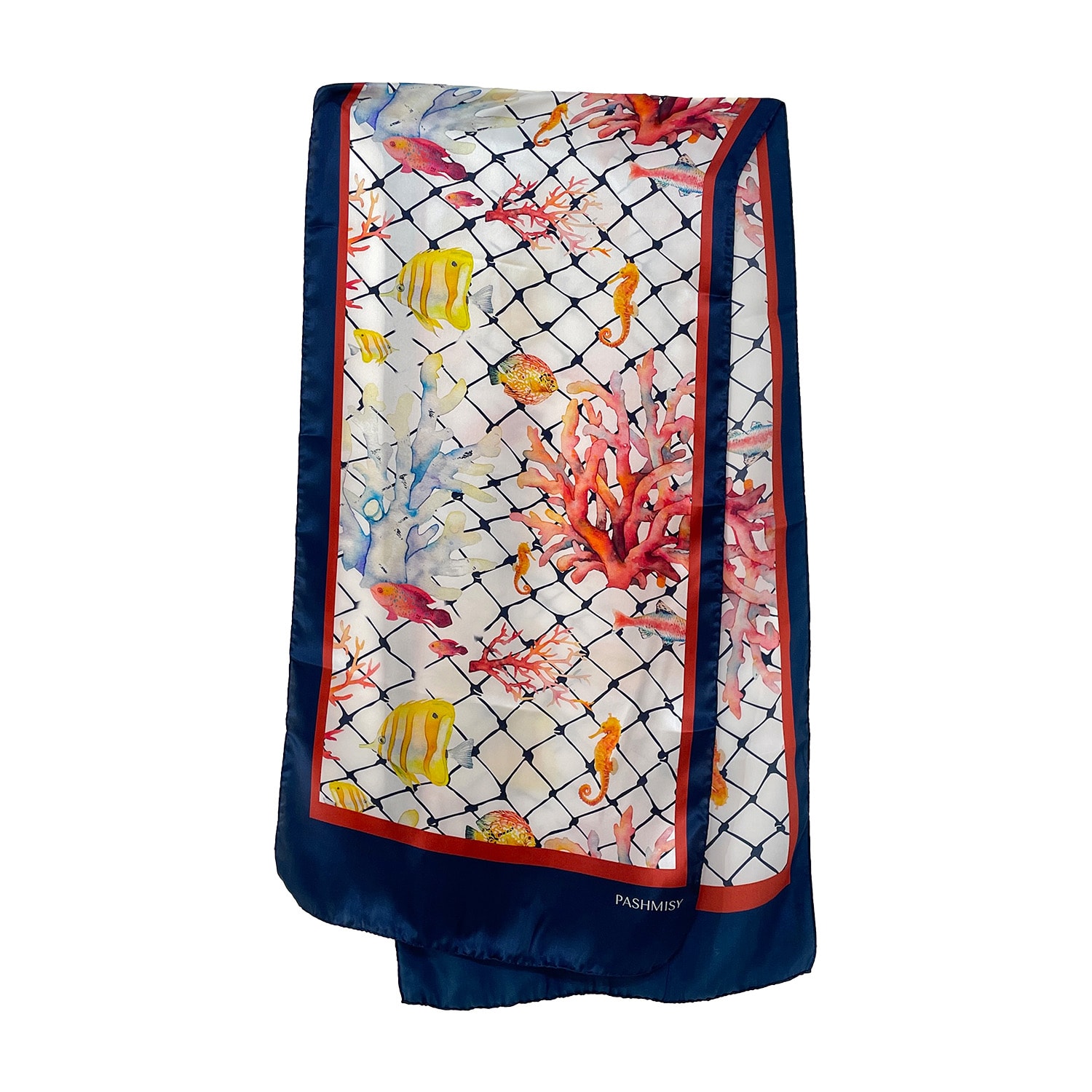 Women’s Blue / Red Floating Sealife Long Silk Scarf Pashmisy