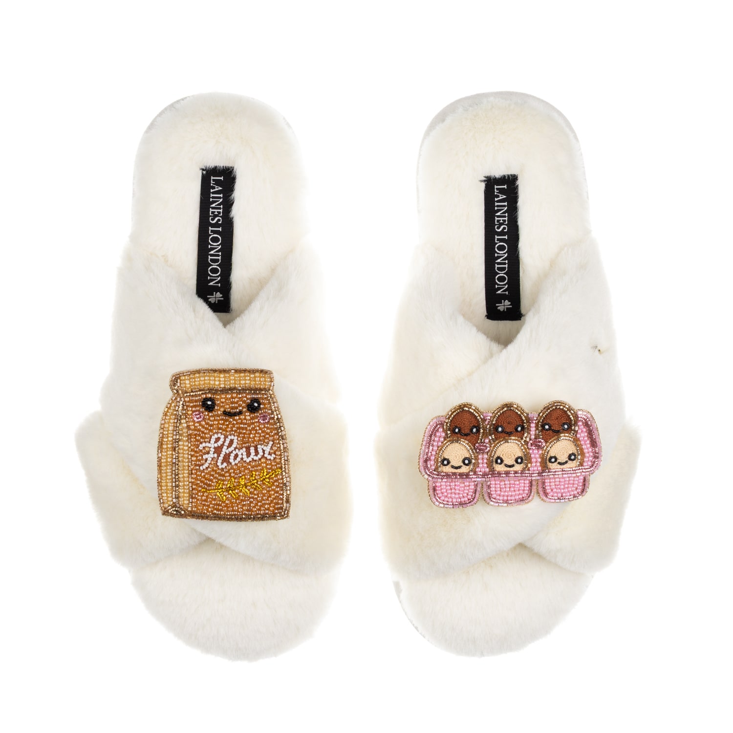 Laines London Women's Neutrals / White Classic Slippers With Laines Lovables Eggs & Flour Brooches - Cream In White