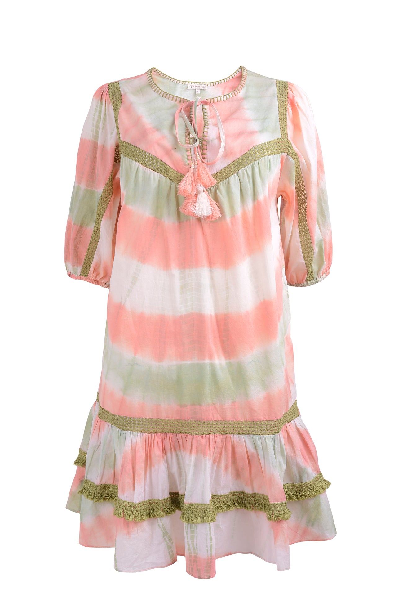 Ash & Eden Women's Green / Pink / Purple Sahiba - Tiered Mini Dress With Bubble Sleeves In Green/pink/purple