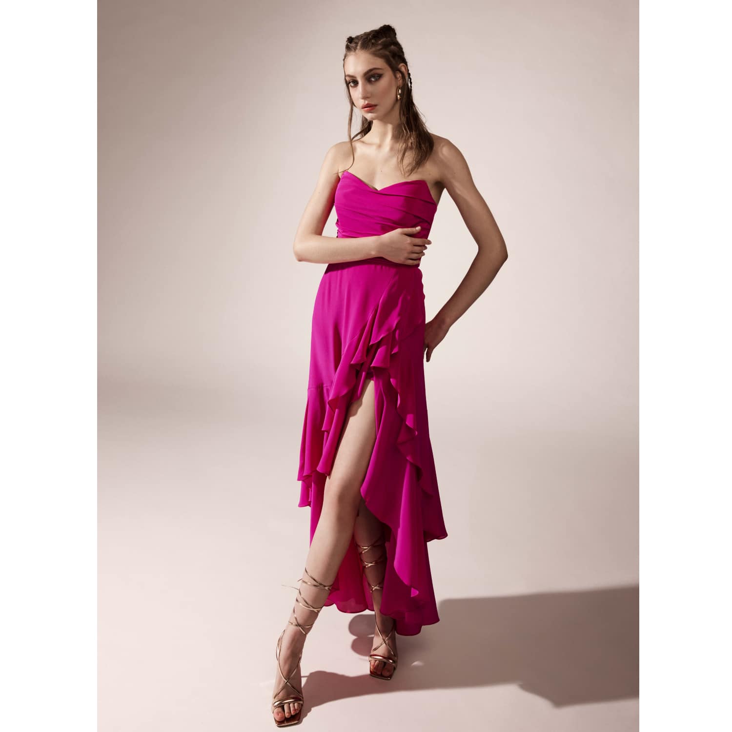 Raya Pink Magenta Silk Asymmetrical Midi Dress With Ruffles | Alina  Cernatescu | Wolf & Badger