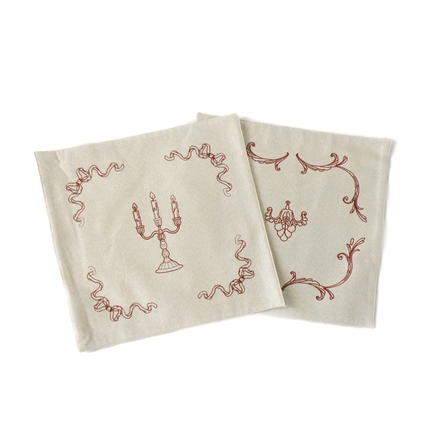 H2 Studio Neutrals / Red Elegant Vintage-inspired Embroidered Tea Towel Set Candelabra & Bow & Vine Design Two In Red