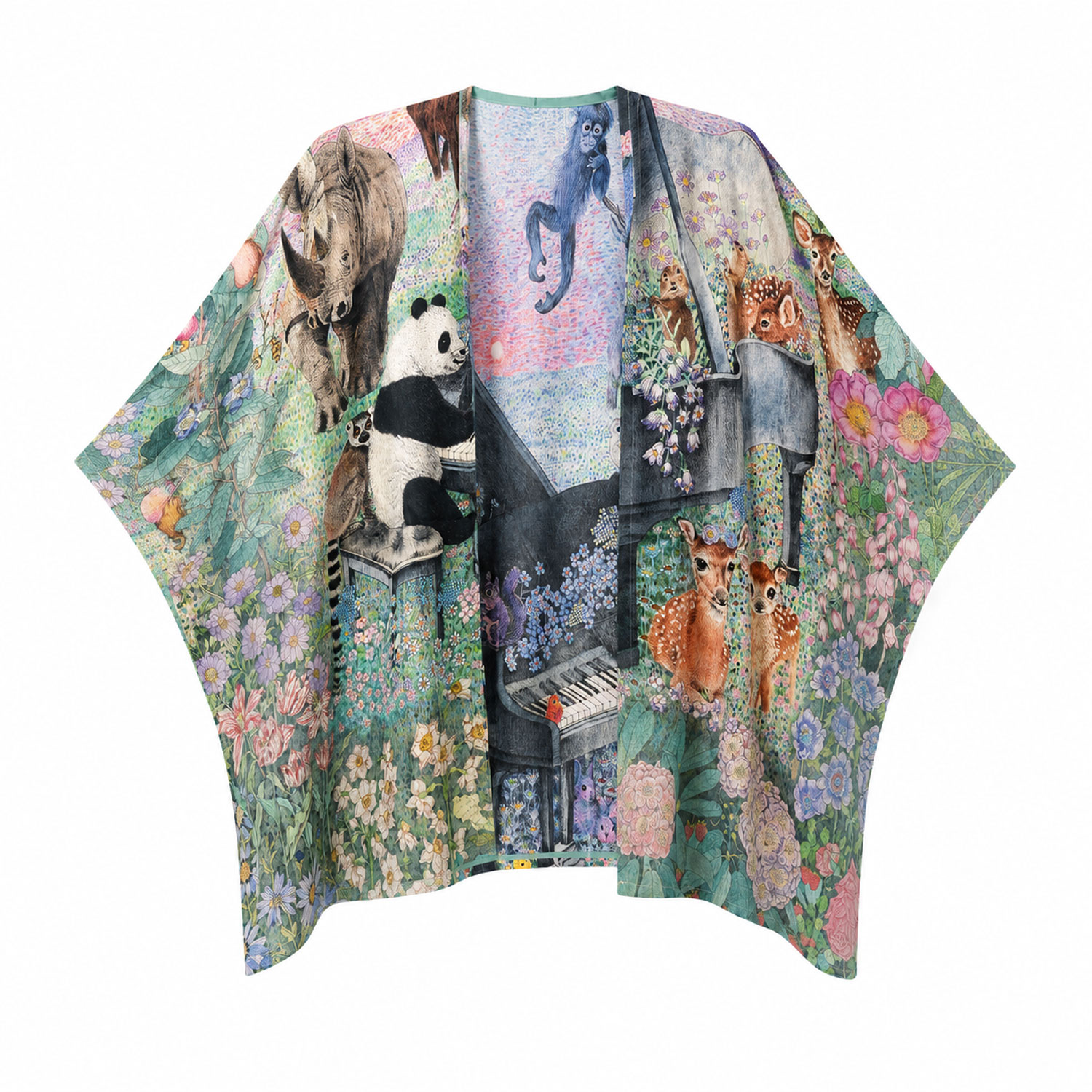 Wenzi Women's Green / Pink / Purple  Hand-painted Mulberry Silk Short Kimono| Woodland Panda Print In Green/pink/purple