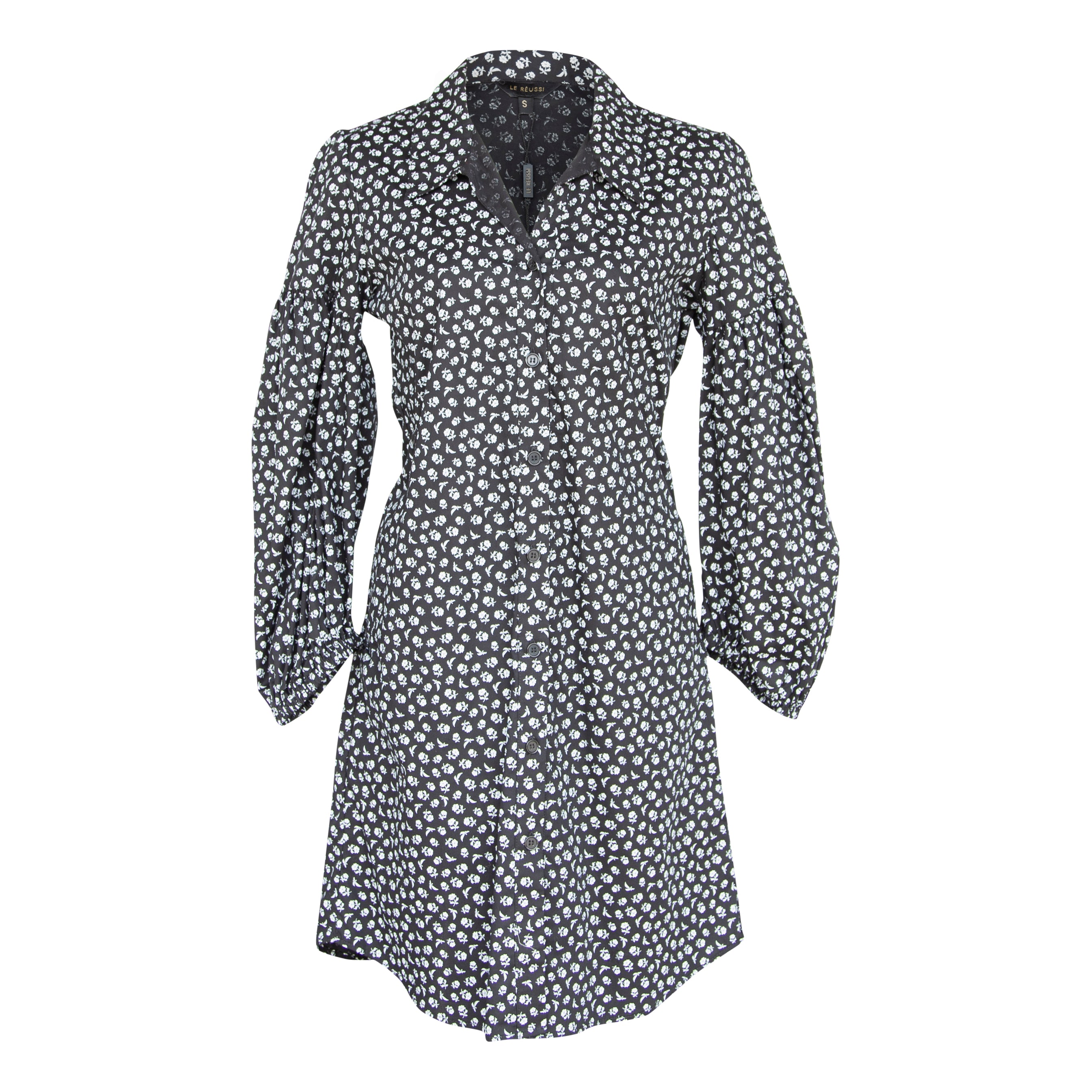 Le Réussi Women's Italian Cotton Shirt Dress With Oversized Sleeves In Black Floral