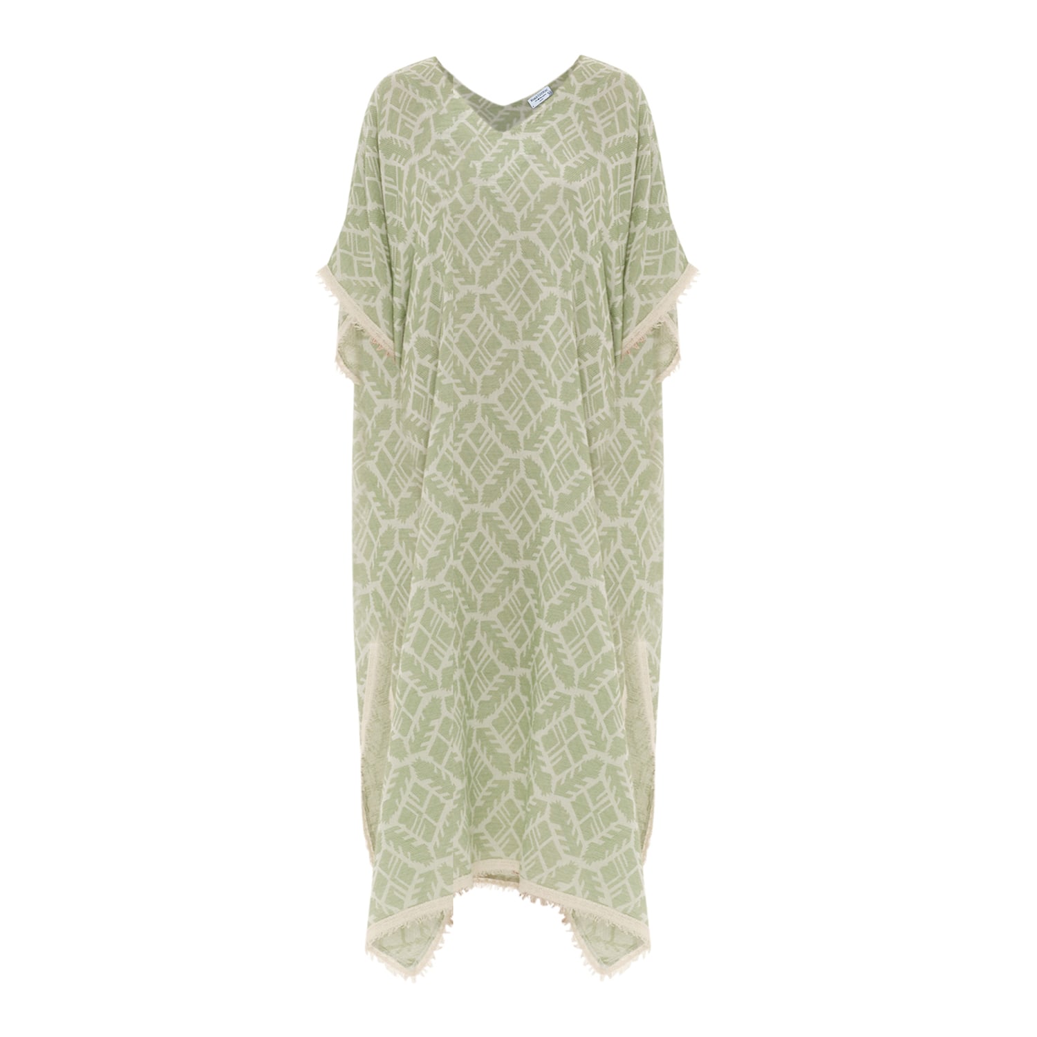Haris Cotton Women's Embroidered V Neck Linen Blend Dress With Split Hem - Leaves Green